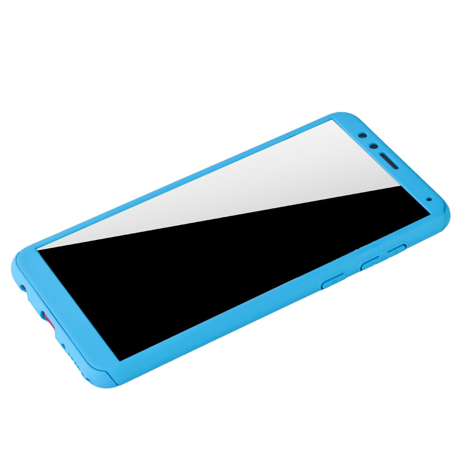 Eine blaue Handyhülle mit einem Telefon darin. Das Telefon hat einen schwarzen Bildschirm. Weißer Hintergrund.