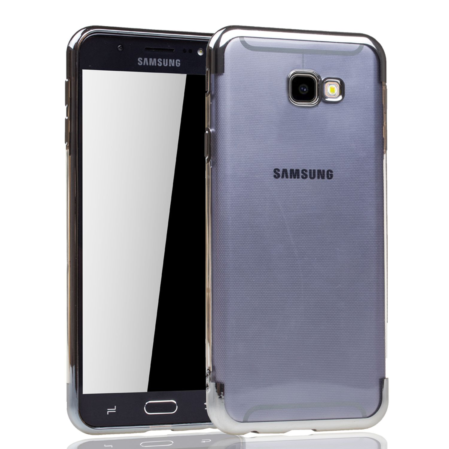 Samsung-Telefon in durchsichtiger Hülle. Schwarzer Bildschirm. Weißer Hintergrund.