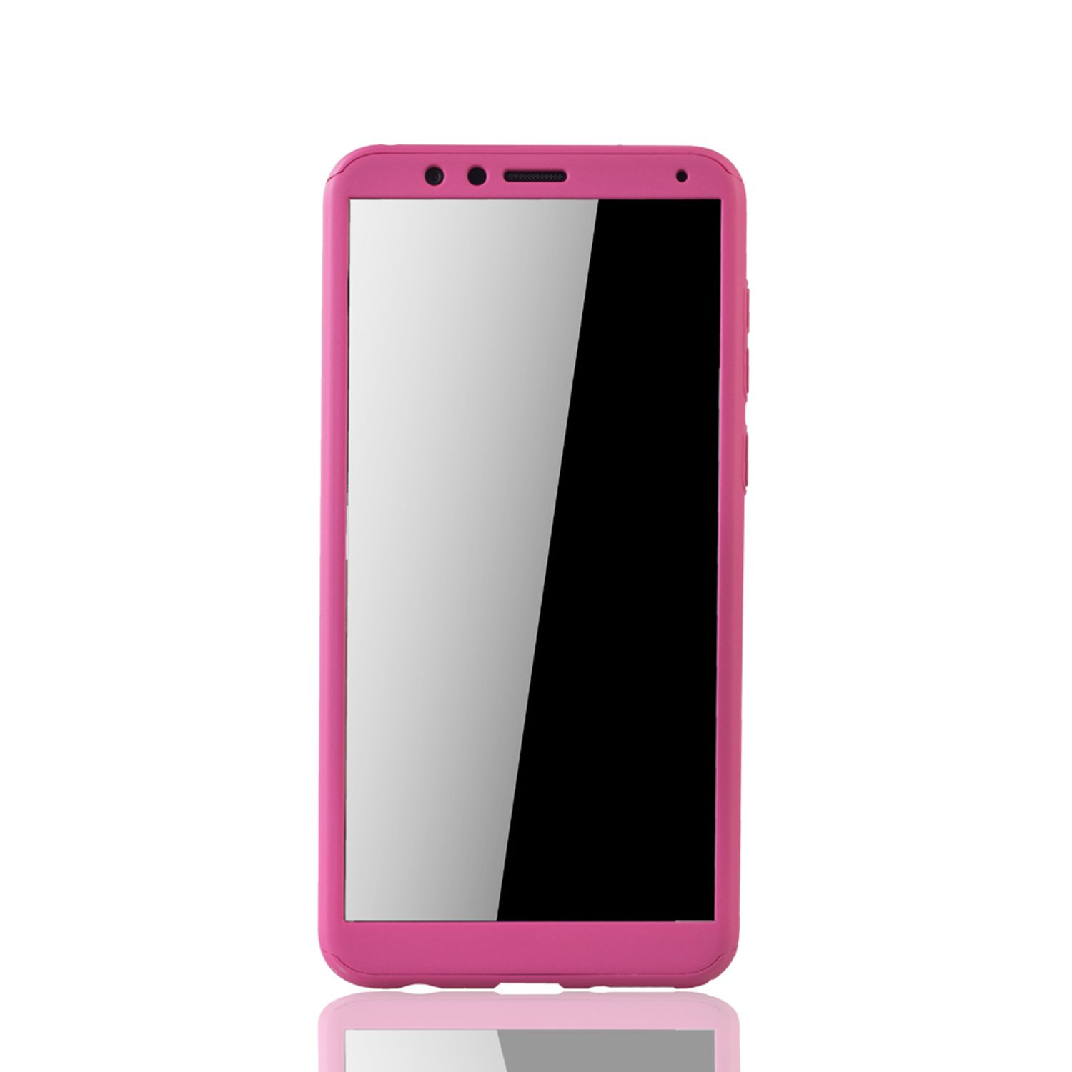Ein rosa Telefon in einer rosa Hülle. Weißer Hintergrund.