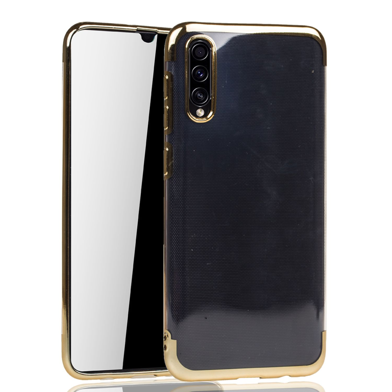Schwarze Handyhülle mit goldenen Akzenten, Telefon mit weißem Bildschirm, auf weißem Hintergrund.