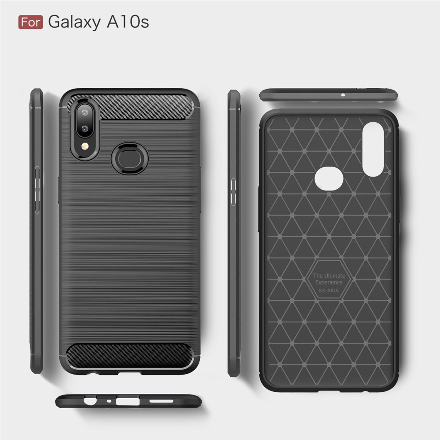 Handyhülle für Galaxy A10s. Das Bild zeigt verschiedene Ansichten der Hülle.