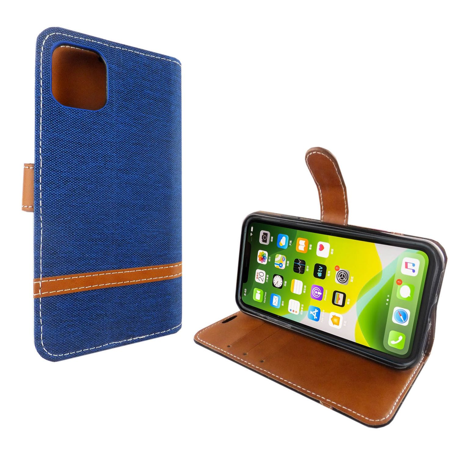 Blau-braune Handyhülle mit Telefon, aufgestellt.