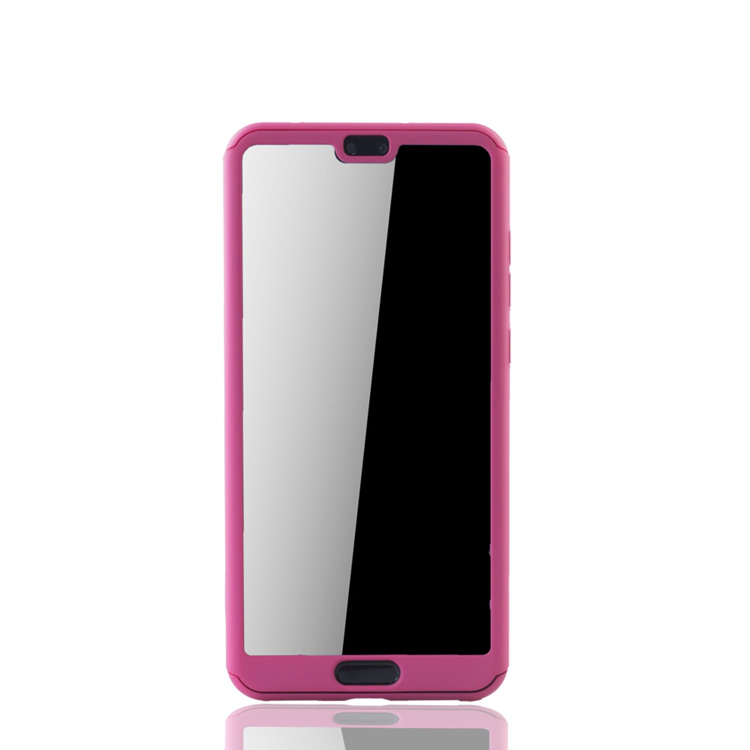 Rosa Telefon, Bildschirm sichtbar, in einem rosafarbenen Gehäuse.