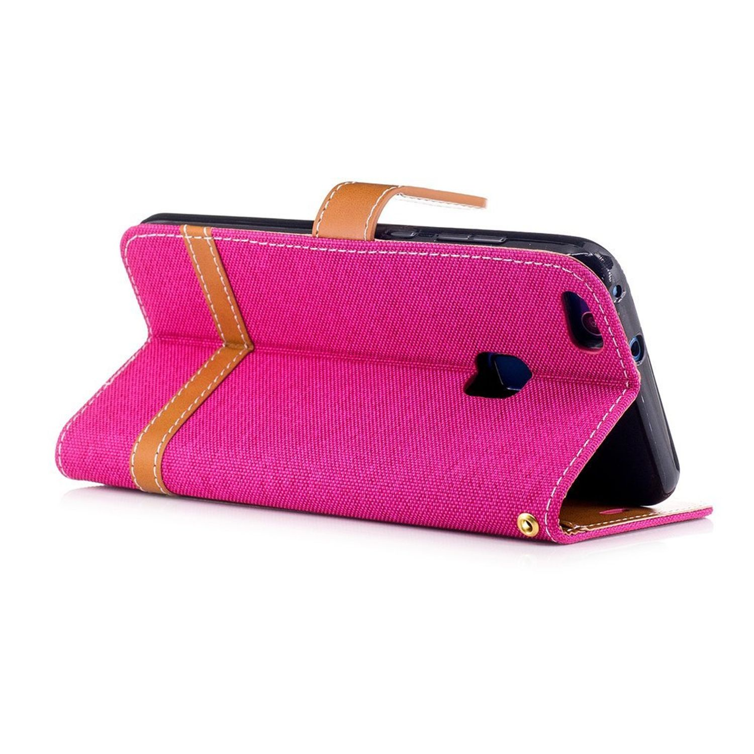 Rosa Handyhülle mit braunem Riemen, hält ein schwarzes Telefon mit offenem Bildschirm.