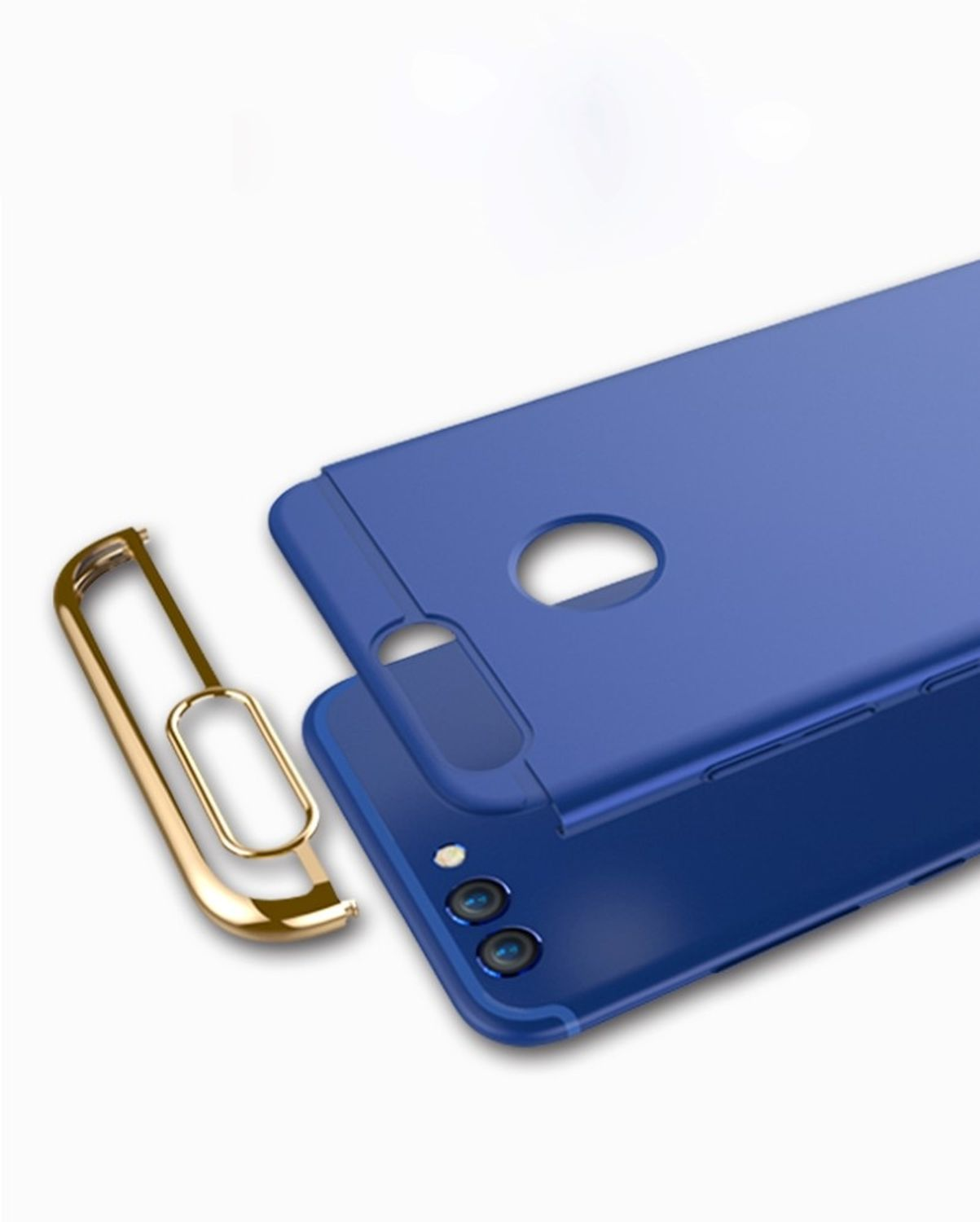 Blaues Telefon mit abnehmbarer blauer Abdeckung. Goldfarbener Metallrahmen ist links.