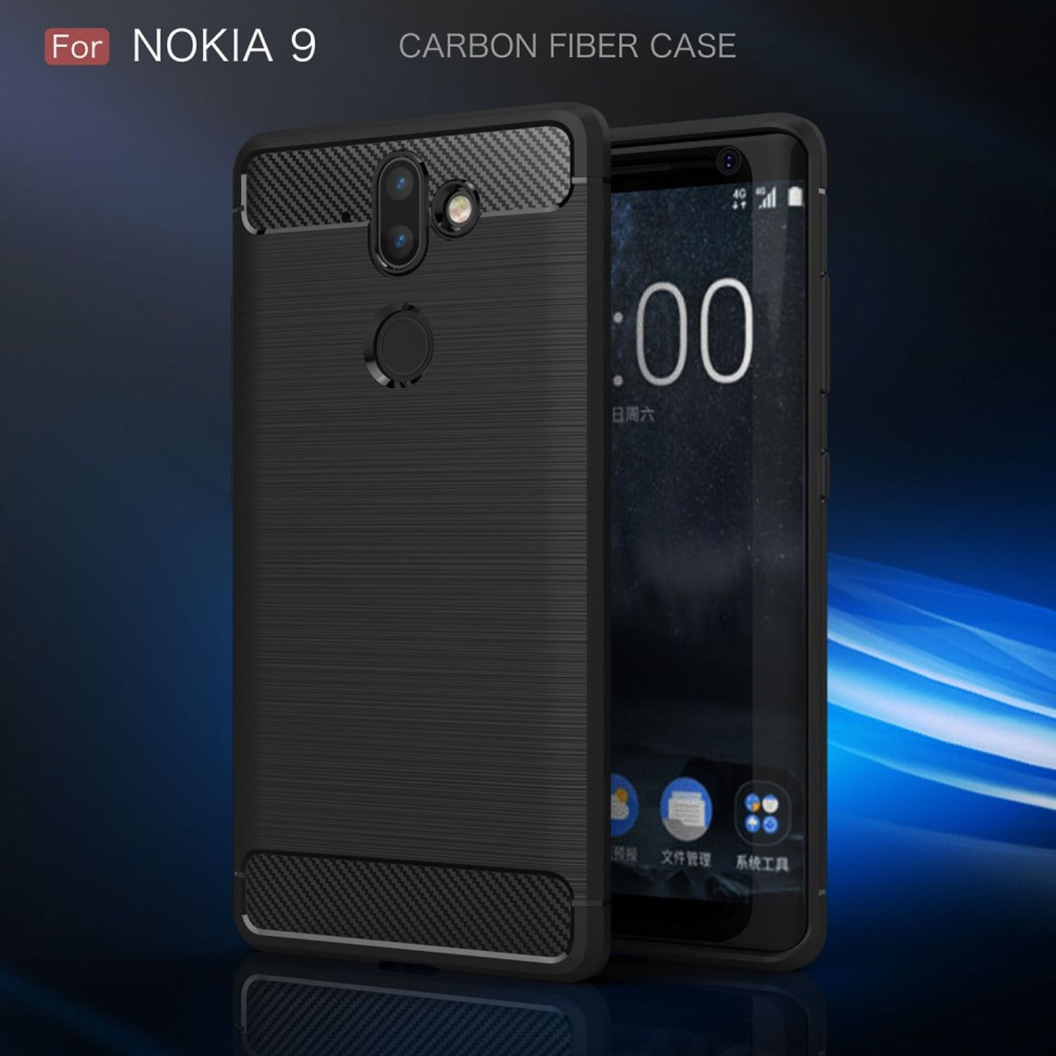 Schwarze Handyhülle mit Carbonfaser-Akzenten. Das Telefon ist sichtbar.