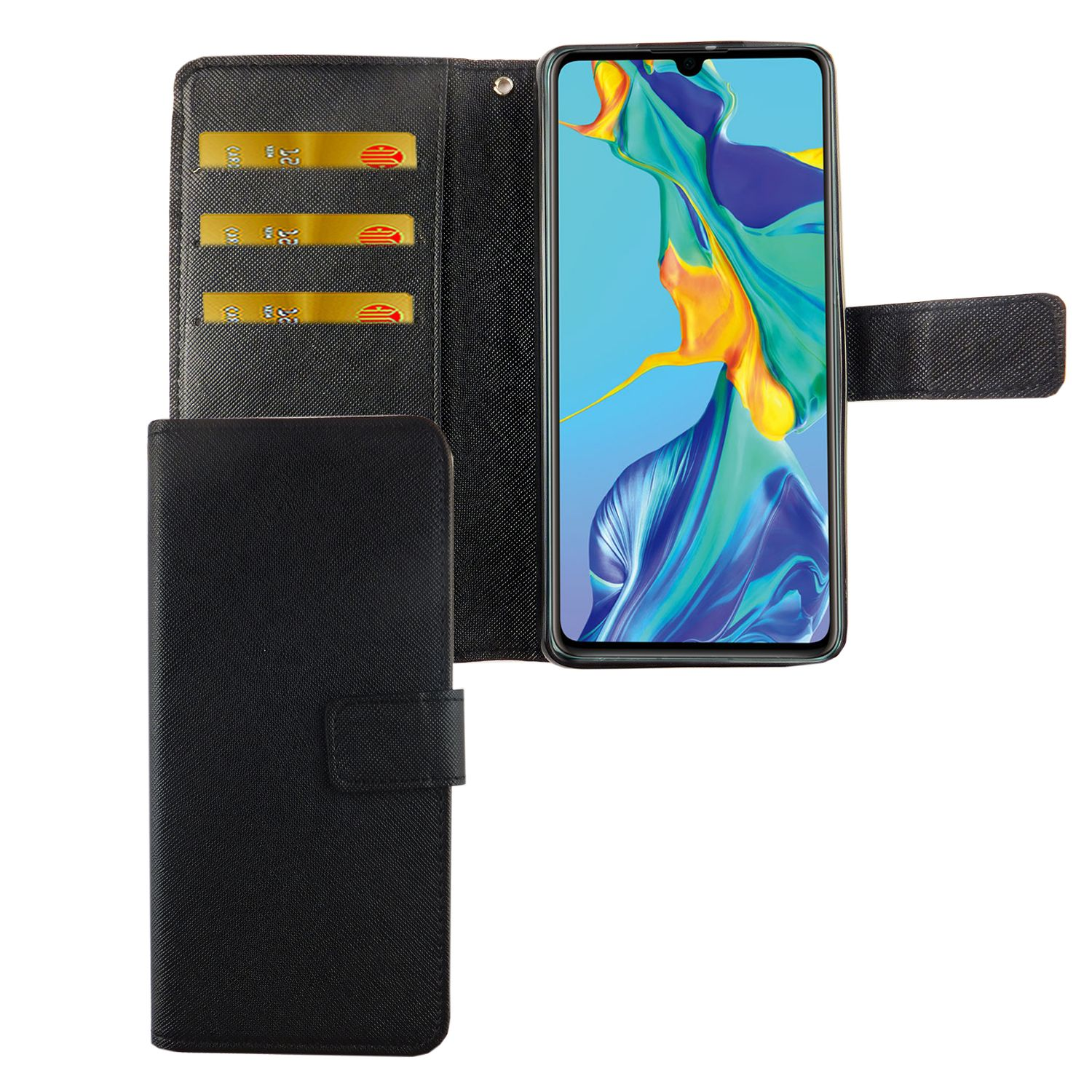 Schwarze Handyhülle mit Kartenfächern, Telefon ist innen. Weißer Hintergrund.