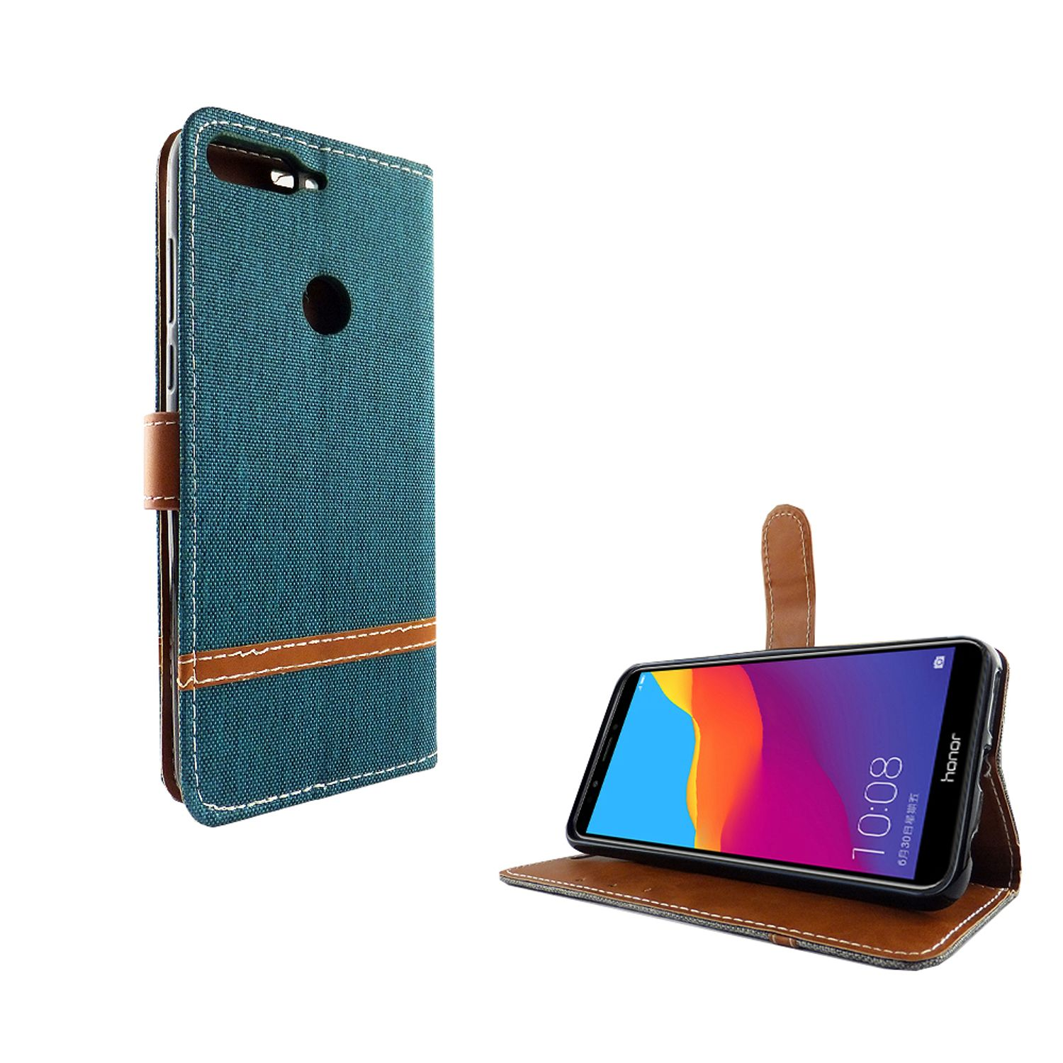 Telefon in blau-brauner Hülle, offen. Das Telefon hat einen bunten Bildschirm. Weißer Hintergrund.