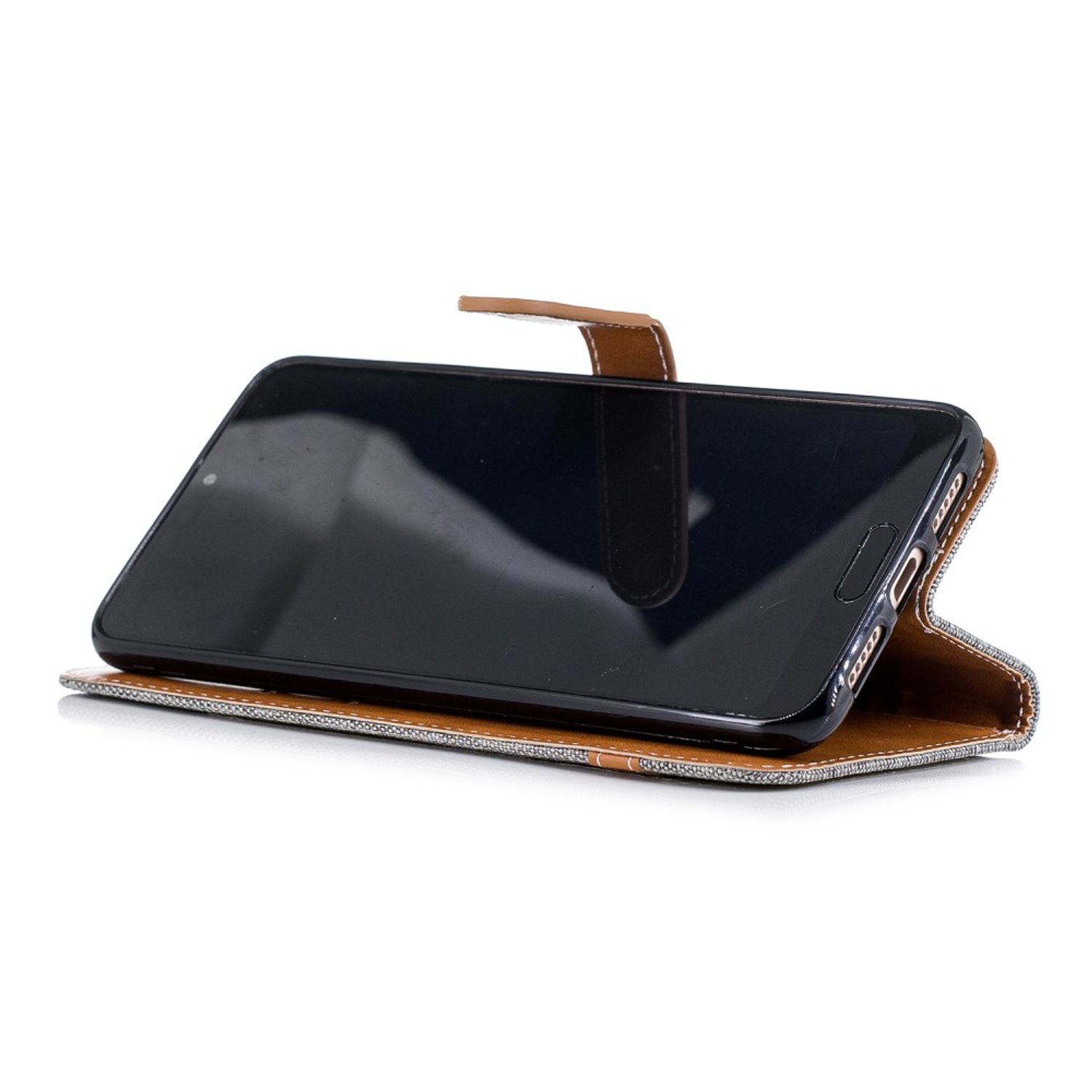 Schwarzes Telefon in brauner und grauer Hülle, offen auf weißer Oberfläche.