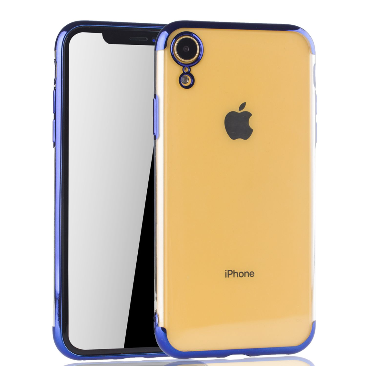 iPhone-Hülle mit gelbem Rücken und blauem Rahmen. Das Telefon hat ein Apple-Logo auf der Rückseite.