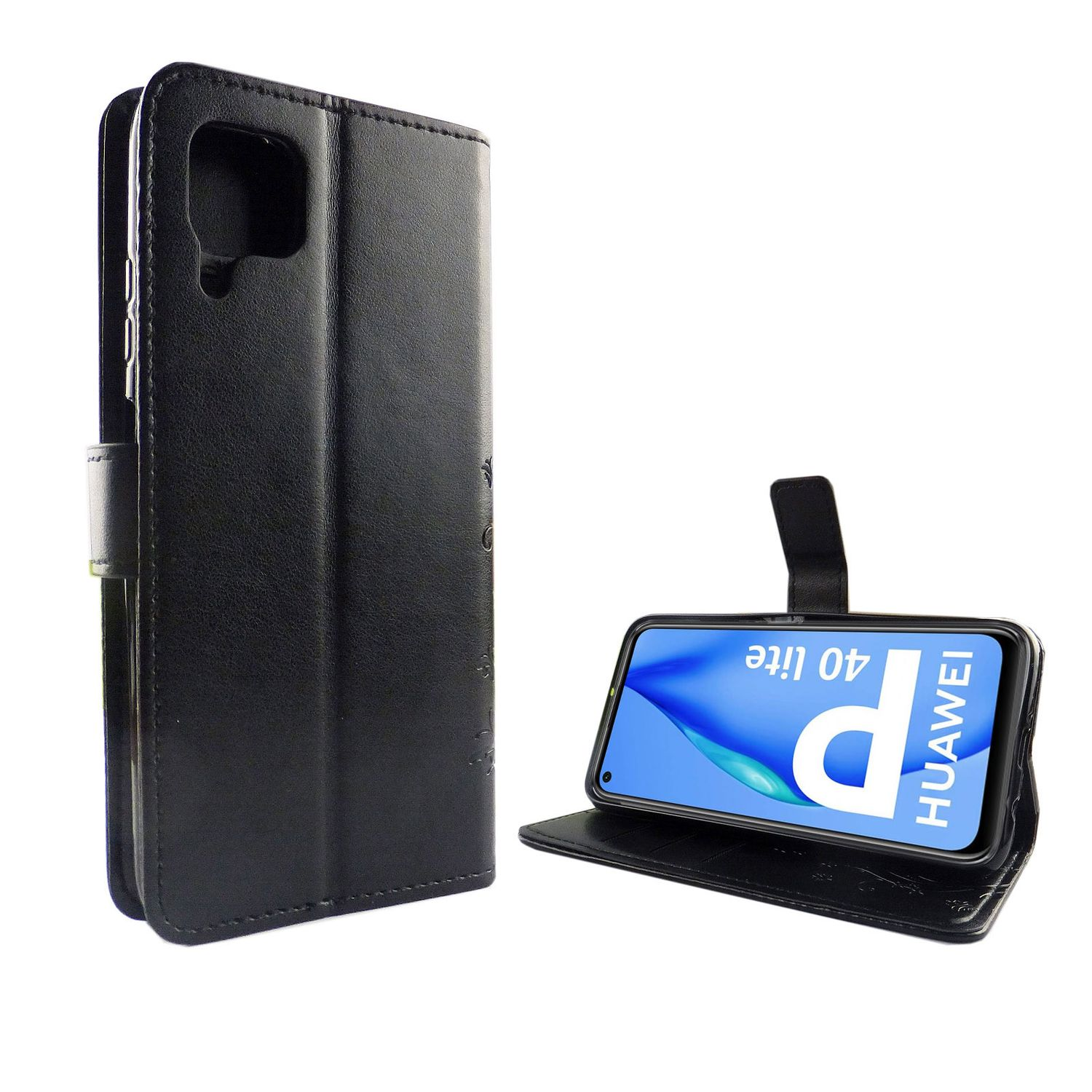 Schwarze Handyhülle, mit einem Telefon, das einen Bildschirm zeigt, offen auf weißem Hintergrund.