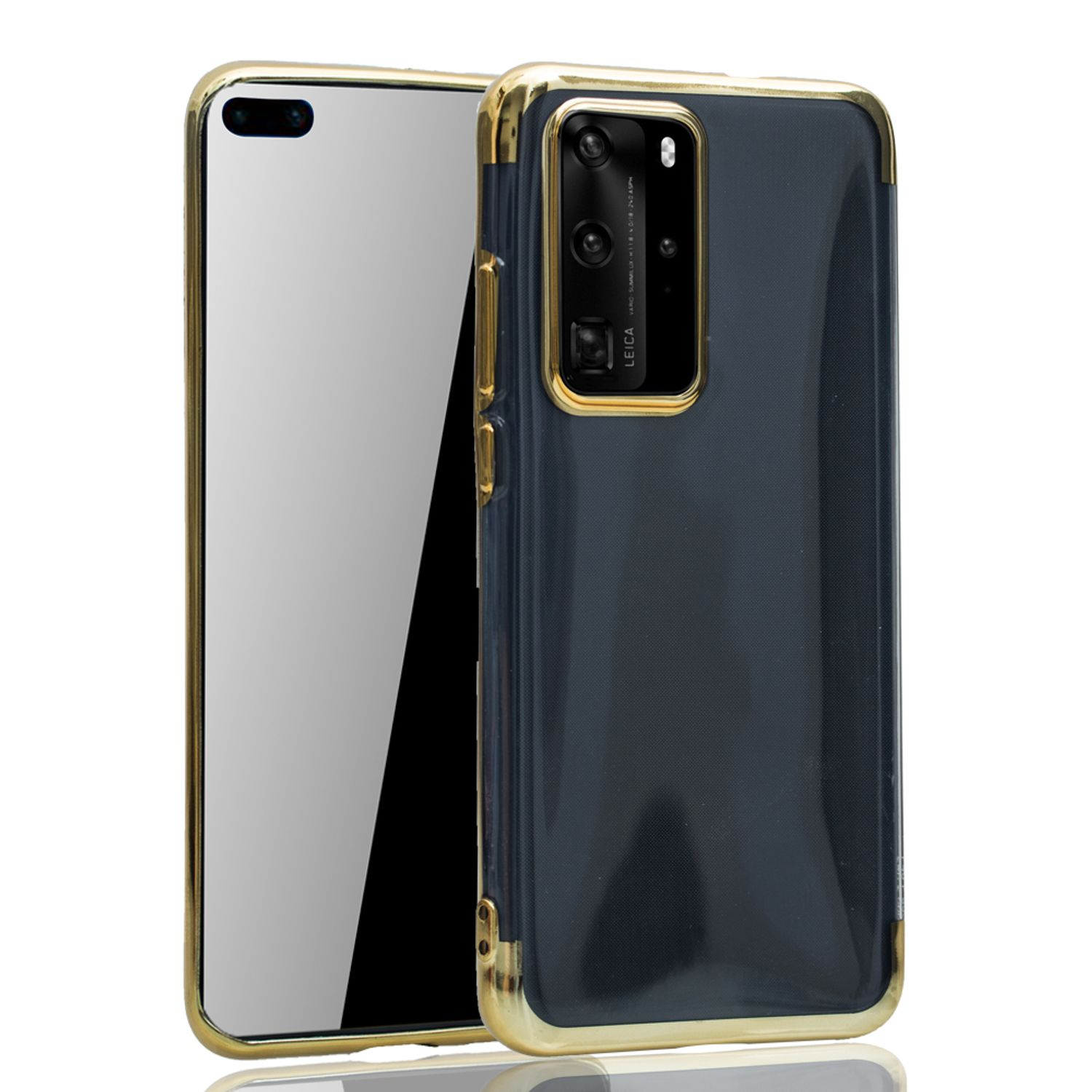 Schwarz-goldene Telefonhülle. Schwarzer Bildschirm. Weißer Hintergrund.