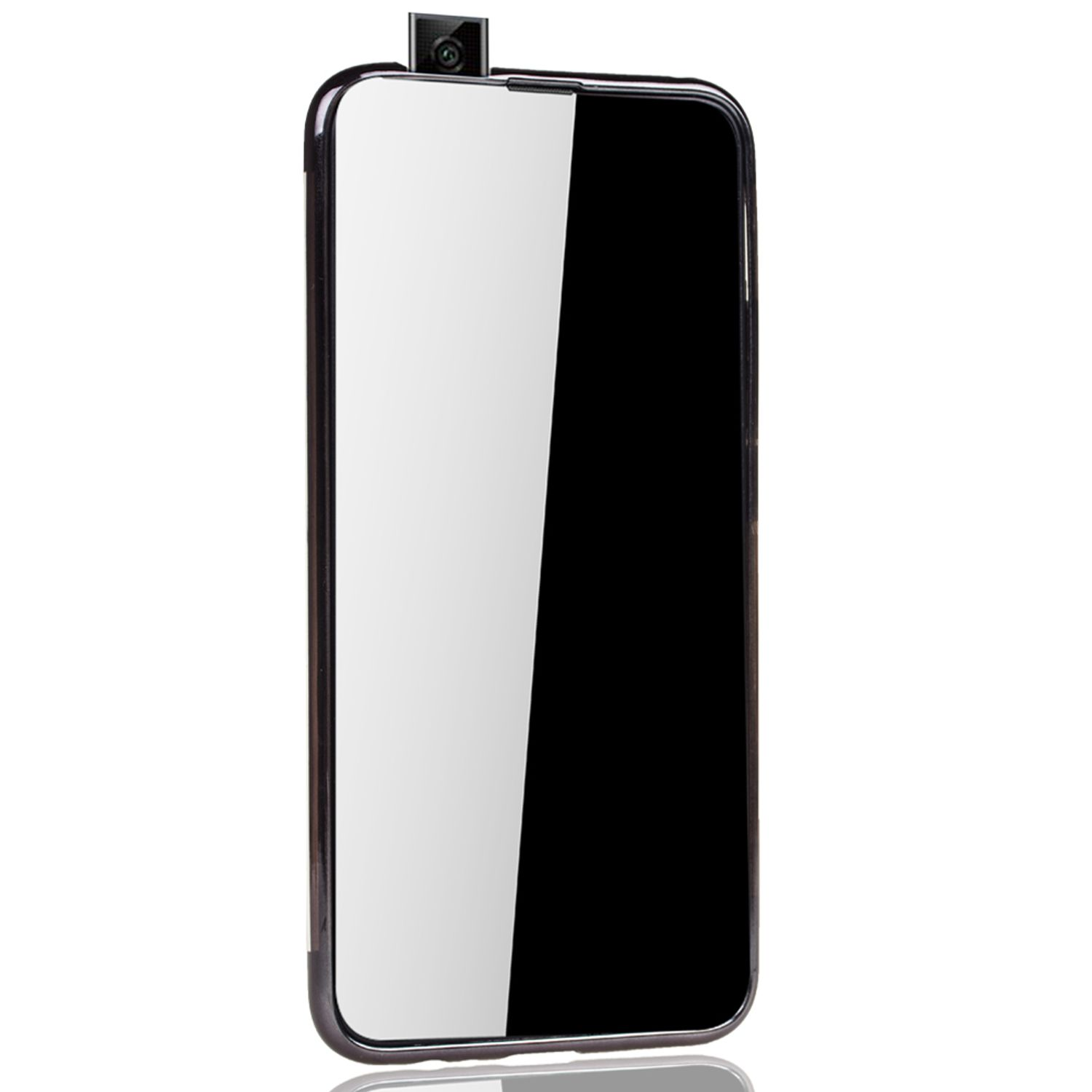 Ein Telefon mit verspiegelter Vorderseite und Pop-up-Kamera. Das Telefon befindet sich auf weißem Hintergrund.