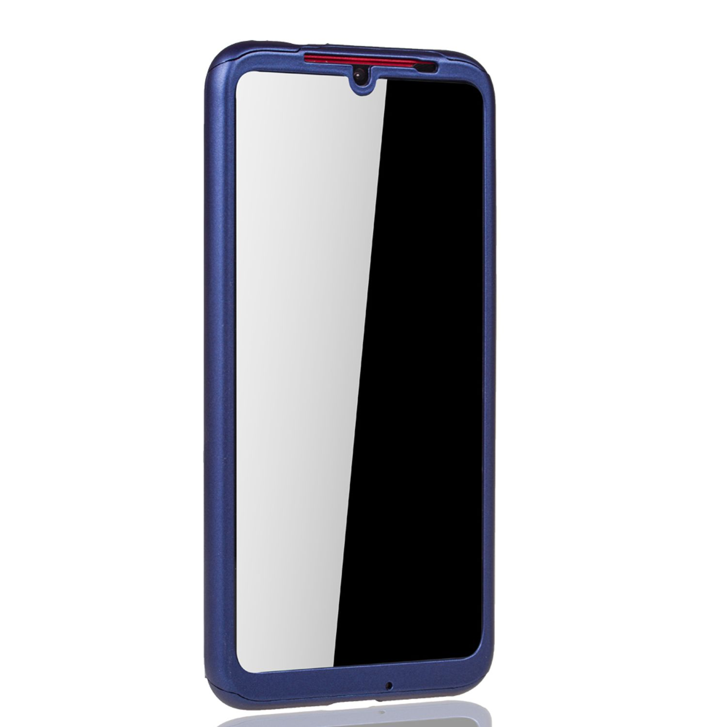 Blauer Telefonrahmen. Im Inneren befindet sich ein Telefon mit schwarzem Bildschirm und klarer Schutzfolie.
