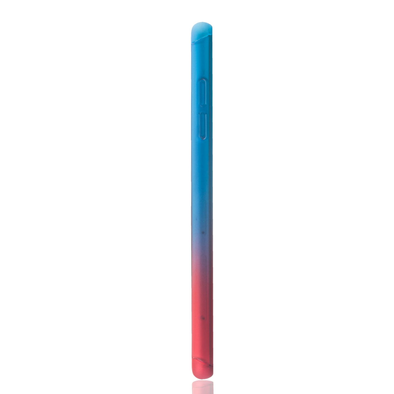 Handyhülle mit Farbverlauf, blau zu rot, Seitenansicht. Weißer Hintergrund.
