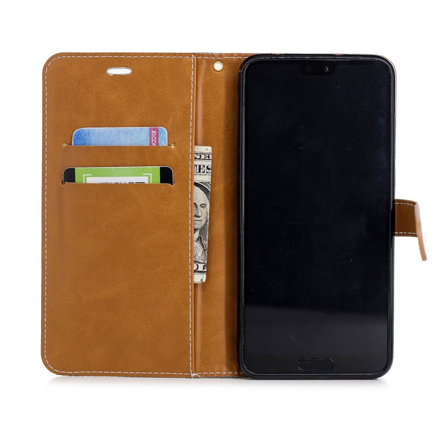 Geöffnete braune Handy-Brieftasche, zeigt Telefon und Kartenfächer mit Bargeld. Weißer Hintergrund.