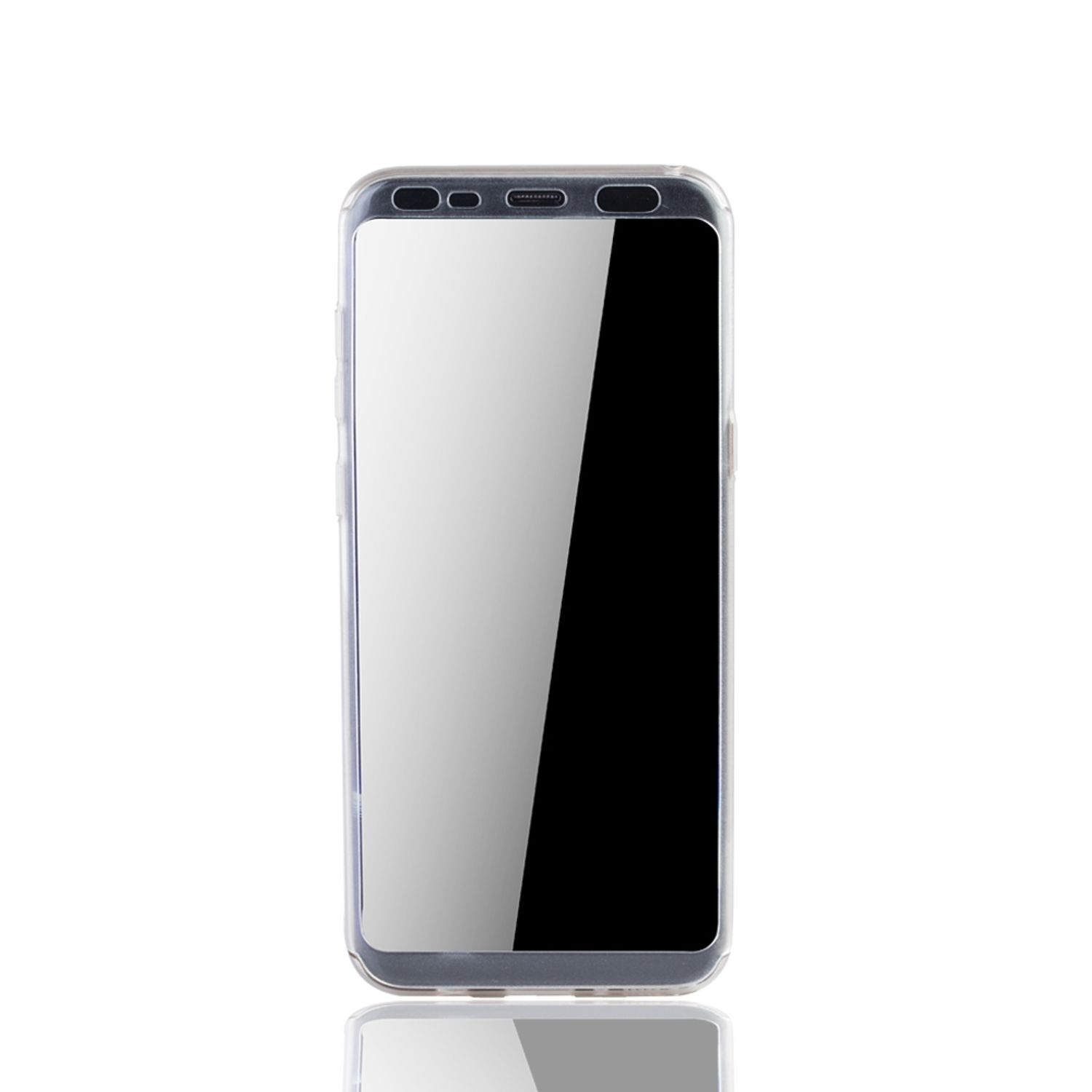 Telefon mit transparentem Gehäuse. Der Bildschirm ist schwarz. Das Gehäuse ist transparent.
