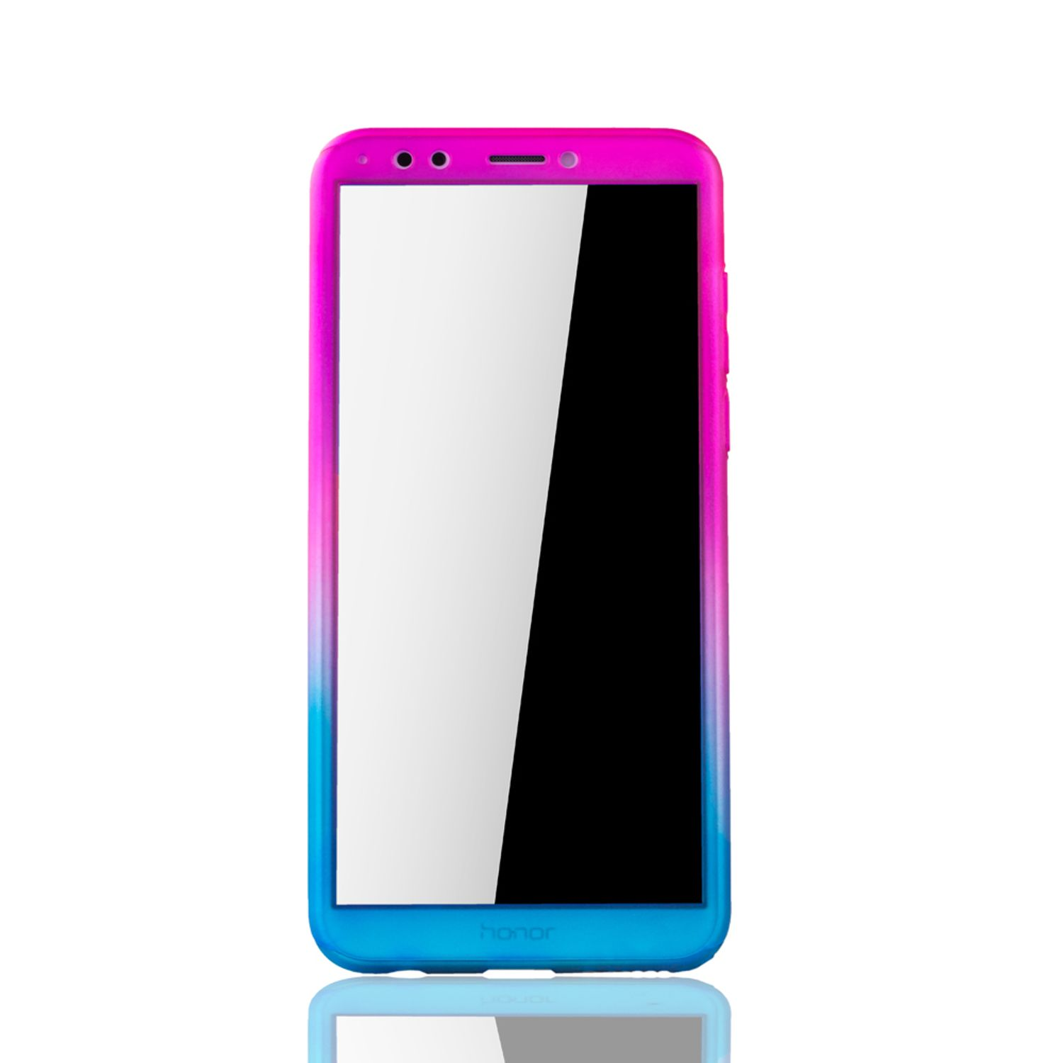 Telefon mit farbverlaufendem rosa-blauem Gehäuse. Bildschirm schwarz-weiß, weißer Hintergrund.