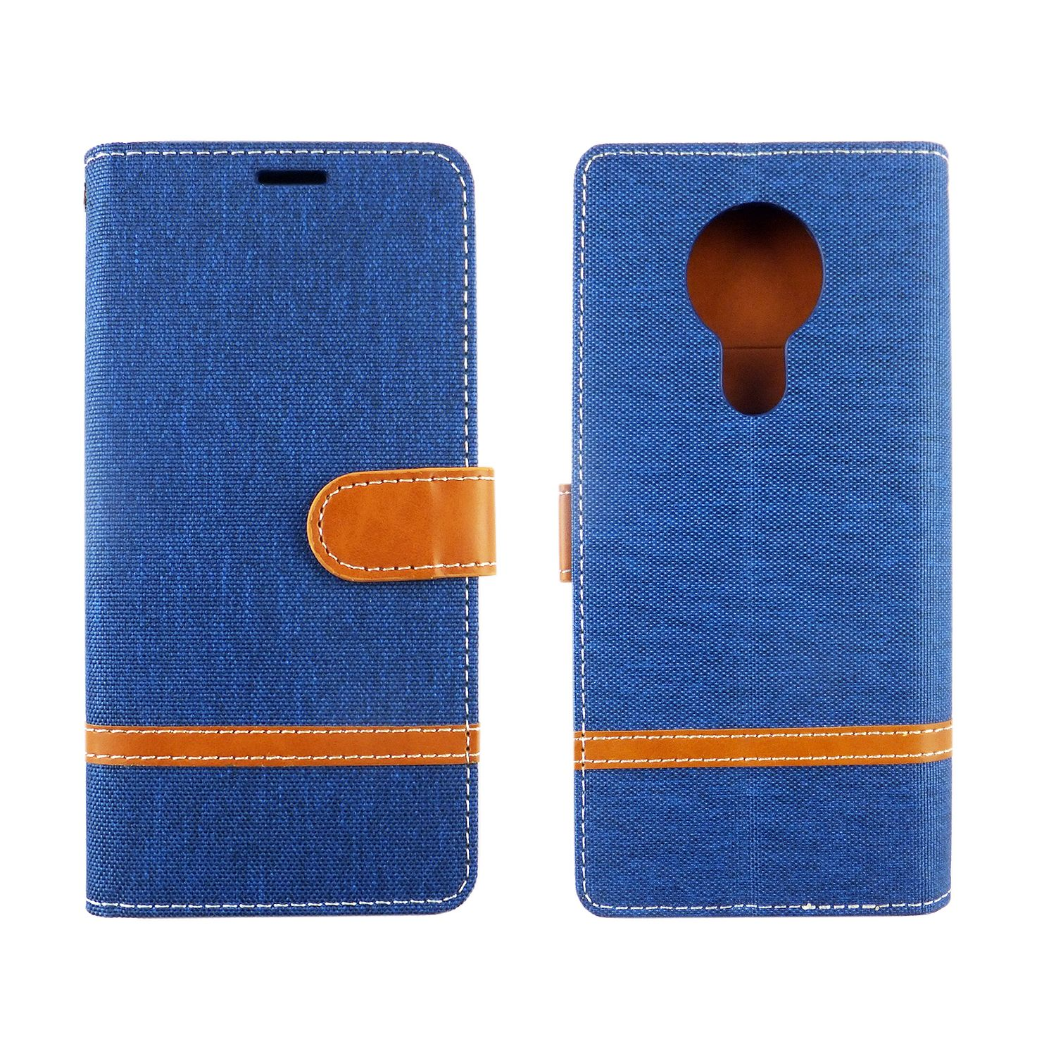 Blaue Handyhülle mit braunen Lederakzenten. Die Hülle ist geschlossen.