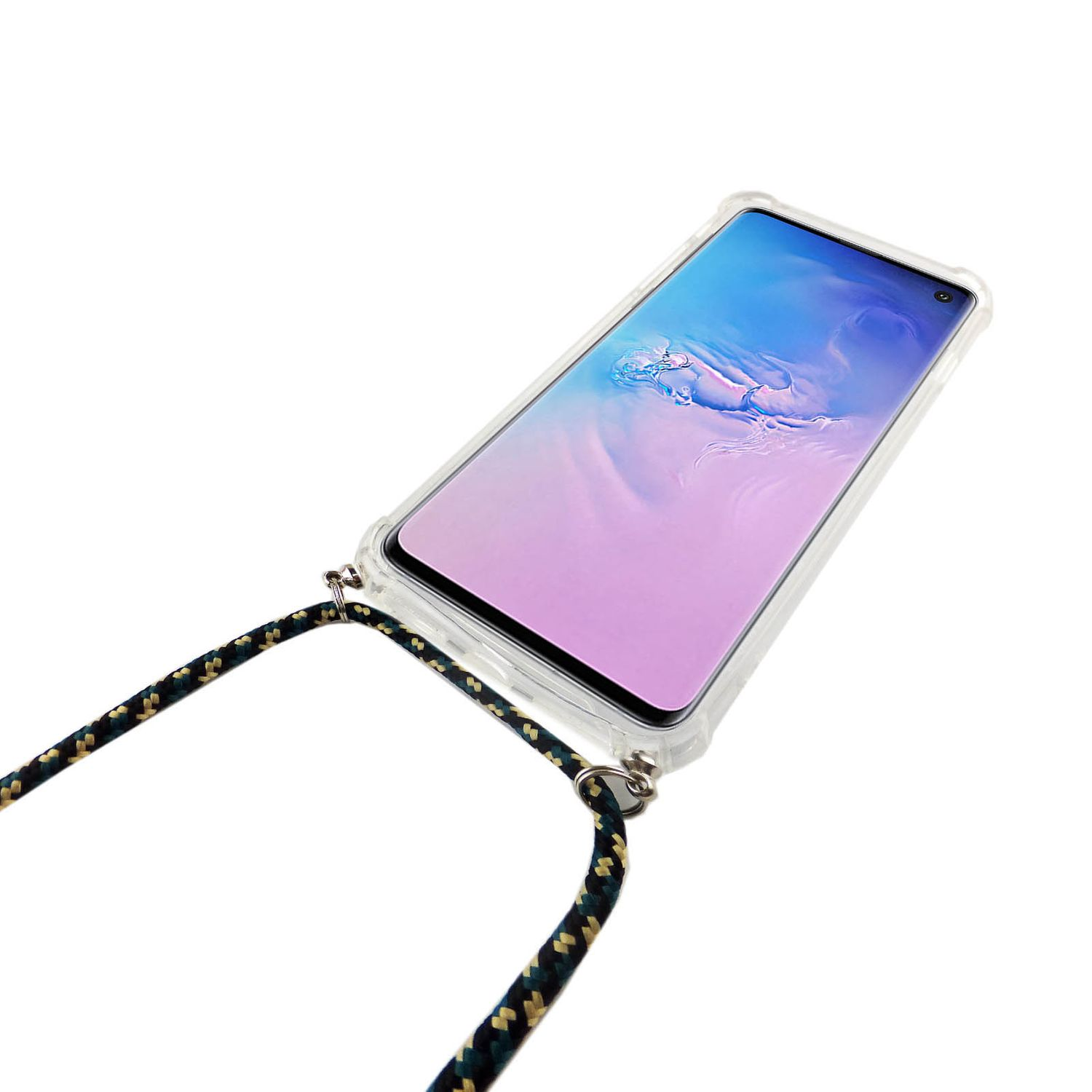 Telefon mit Hüllenband. Telefon geneigt. Schwarzes und grünes Band, weißer Hintergrund.