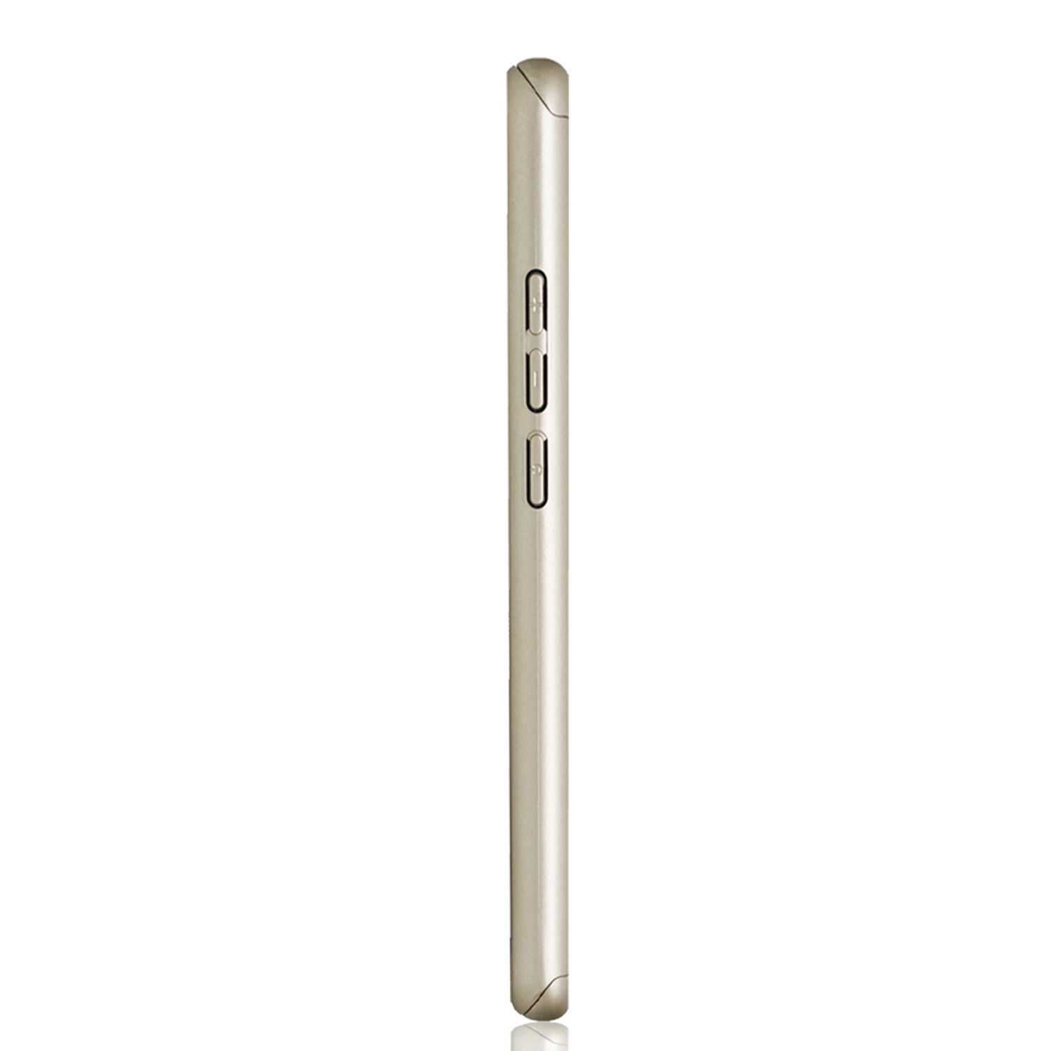 Ein goldenes Telefon, von der Seite gesehen, auf weißem Hintergrund. Drei Knöpfe sind sichtbar.