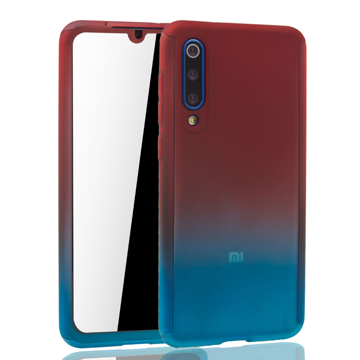 Rot-blauer Farbverlauf-Handyhülle, mit sichtbarem Telefon. Merkmale Kamera und Xiaomi-Logo.