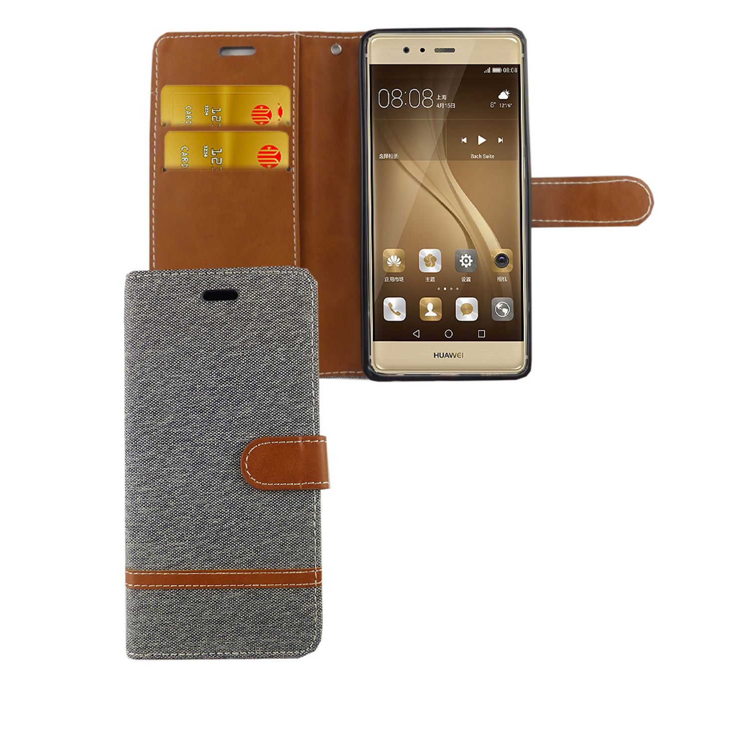 Telefon mit geöffneter grauer Hülle, zeigt Karten und Telefonbildschirm. Weißer Hintergrund.