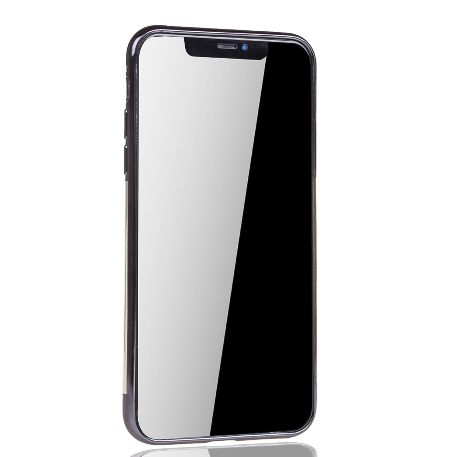 Smartphone, schwarzer Frontbildschirm. Seitentasten sind links sichtbar.