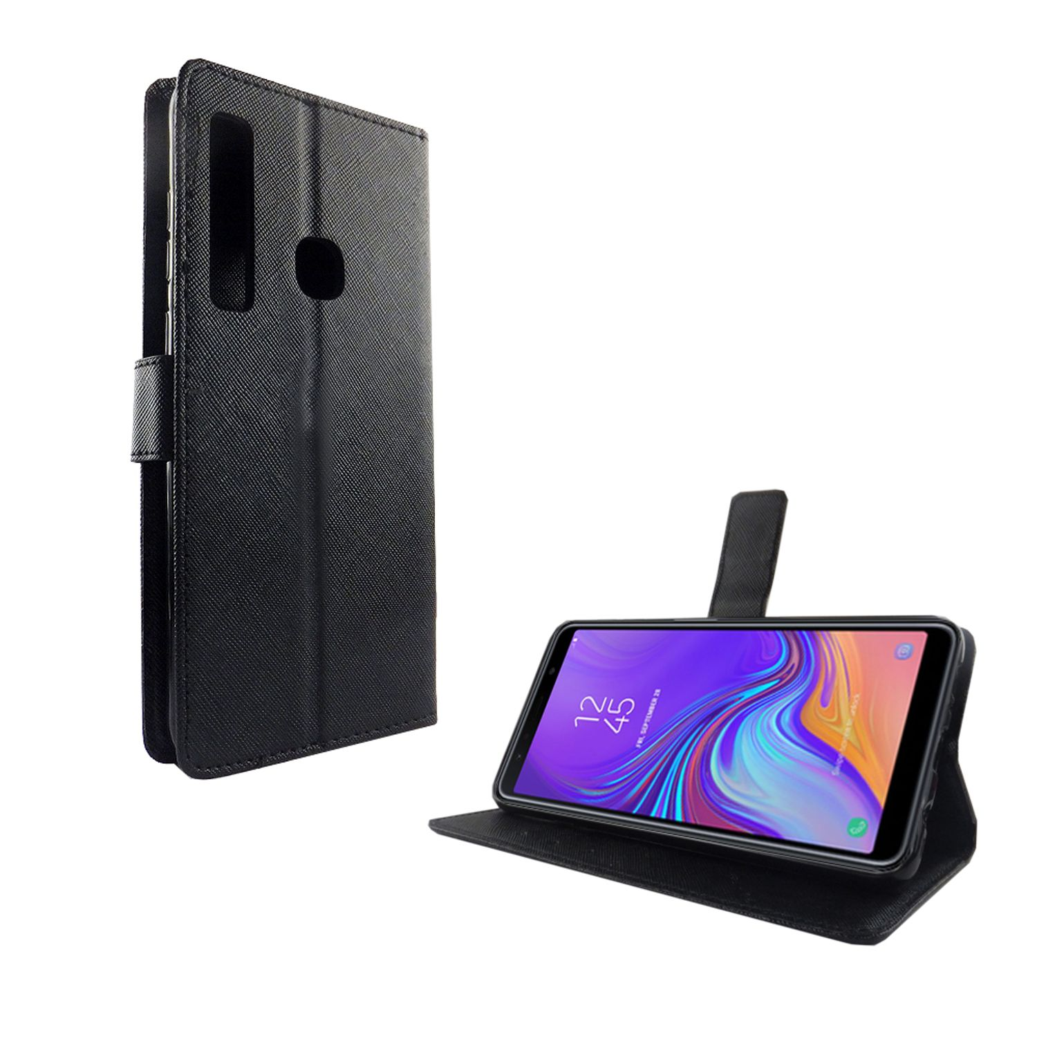Schwarze Handyhülle mit Telefon im Inneren, offen, mit schwarzer Abdeckung und Telefon.