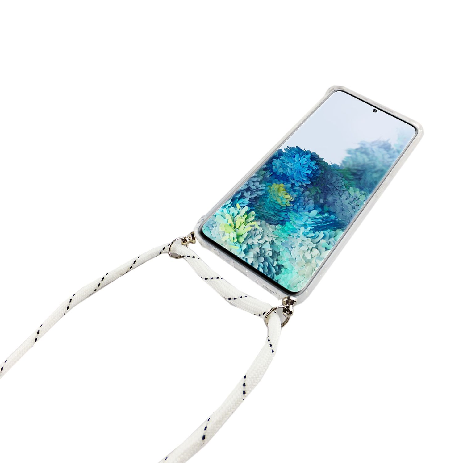 Telefon in transparenter Hülle mit weißem Seilband. Hintergrund ist floral.