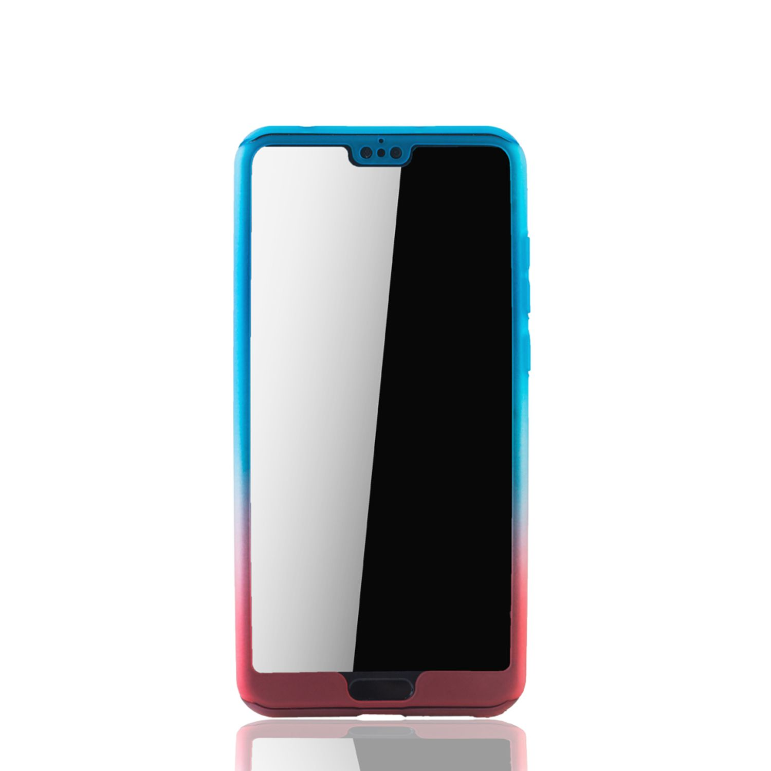 Smartphone in blau-rotem Farbverlauf-Gehäuse, schwarzer Bildschirm, weißer Hintergrund.