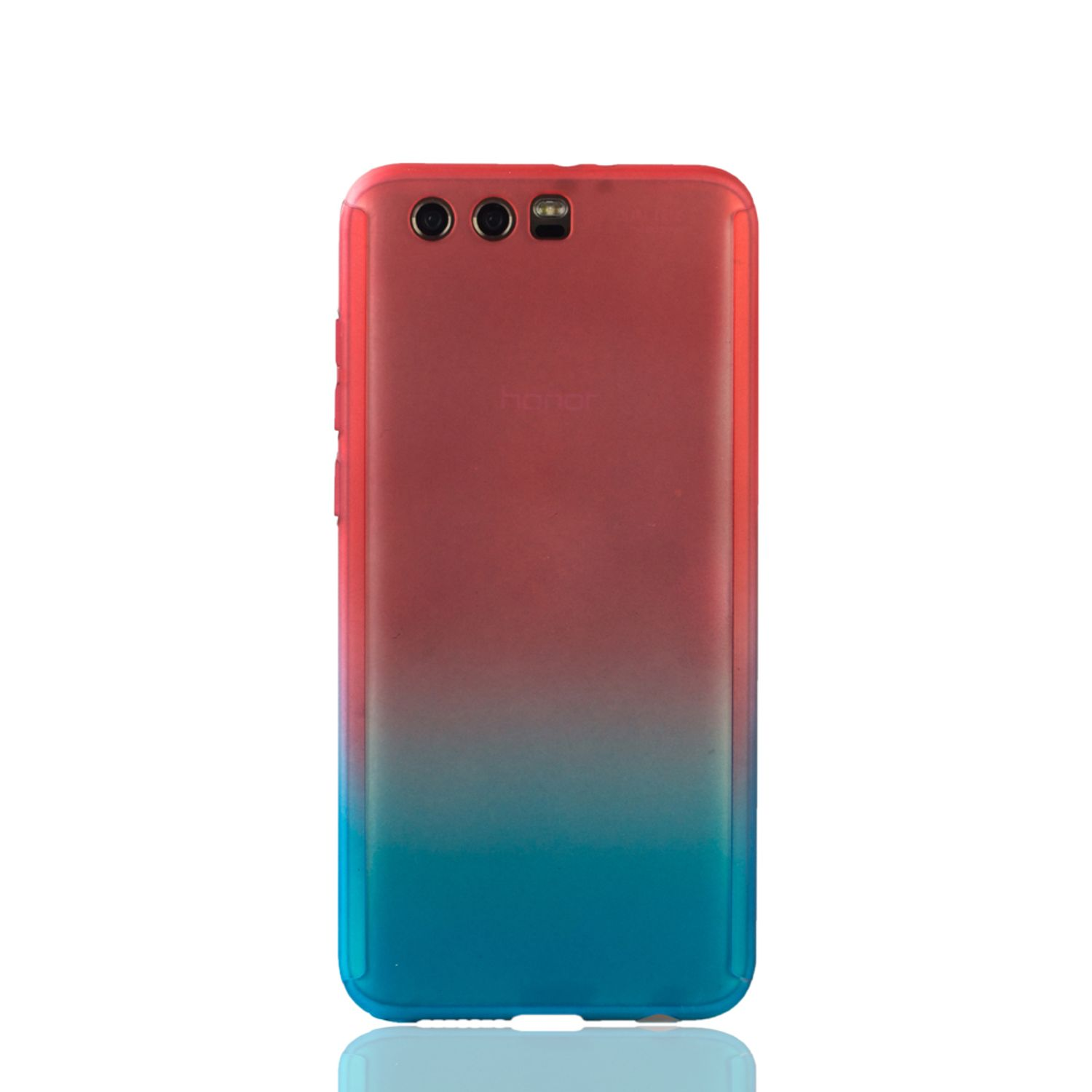 Rote und blaue Farbverlauf-Handyhülle. Rückseite des Telefons. Weißer Hintergrund.