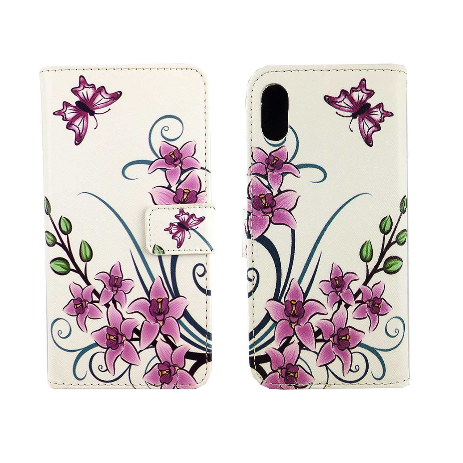 Handyhülle mit lila Blumen und Schmetterlingen, offen und geschlossen.