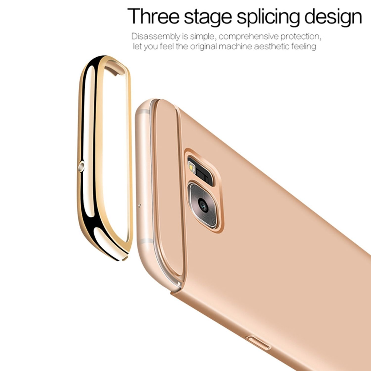 Handyhülle, goldener Rahmen mit dem Telefon darin. Die Kamera des Telefons ist sichtbar, weißer Hintergrund.