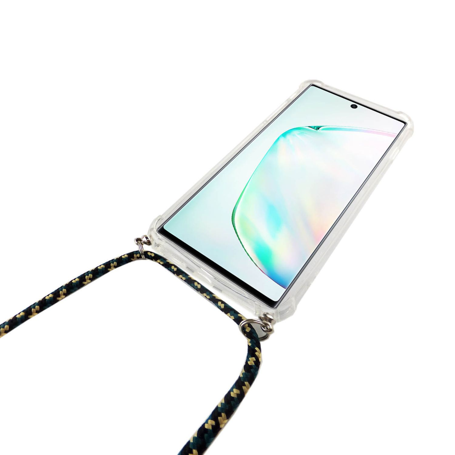 Smartphone in einer transparenten Hülle mit einem Umhängeband. Der Bildschirm zeigt ein farbenfrohes Bild.