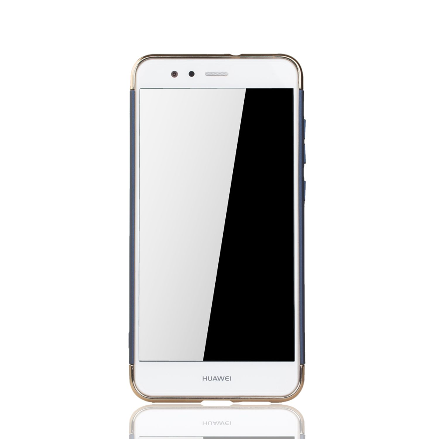 Ein weißes Telefon in einer blau-goldenen Hülle, mit weißem Bildschirm und dem Wort HUAWEI.