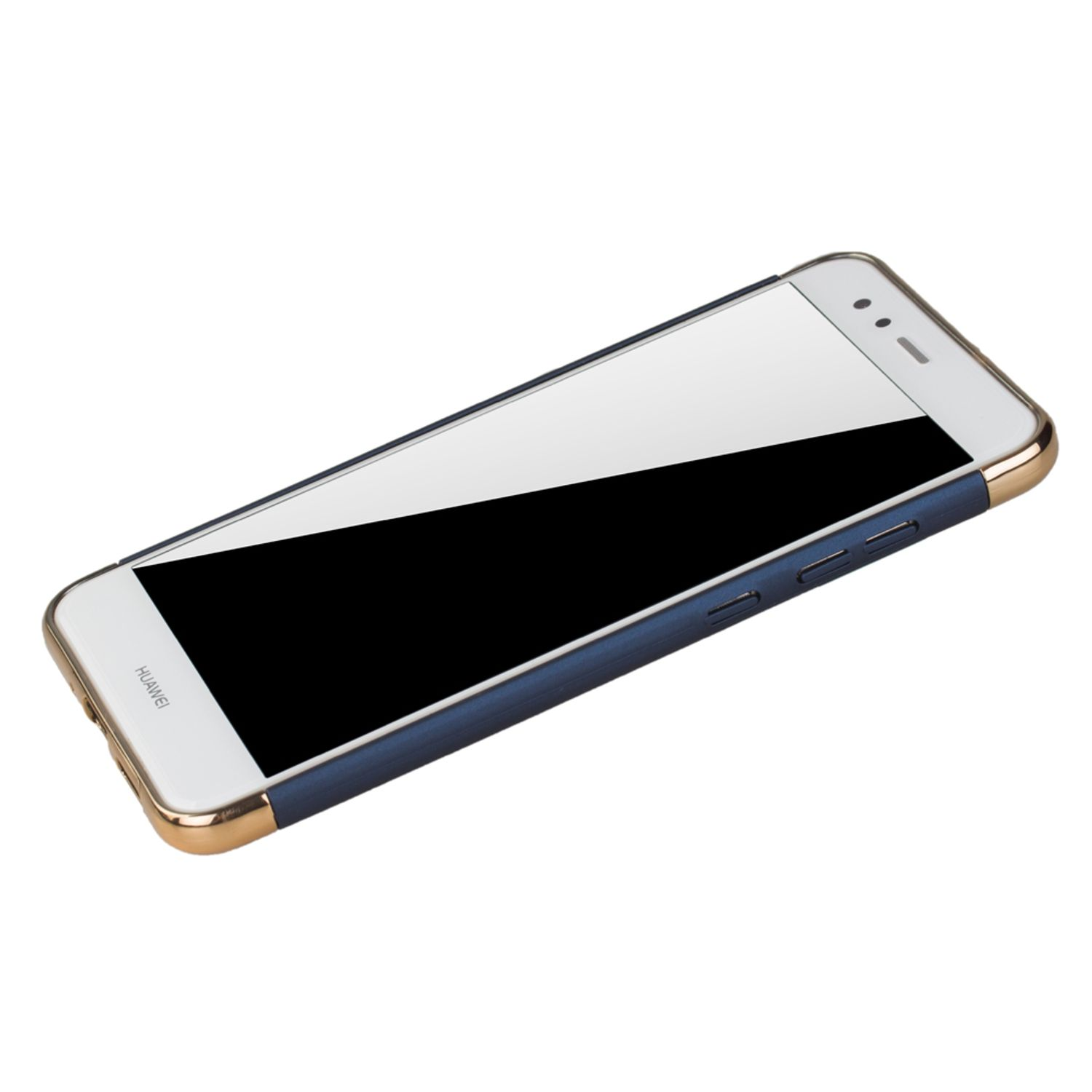 Weißes Telefon mit blau-goldener Hülle, das den Bildschirm zeigt. Das Telefon ist nach rechts geneigt.