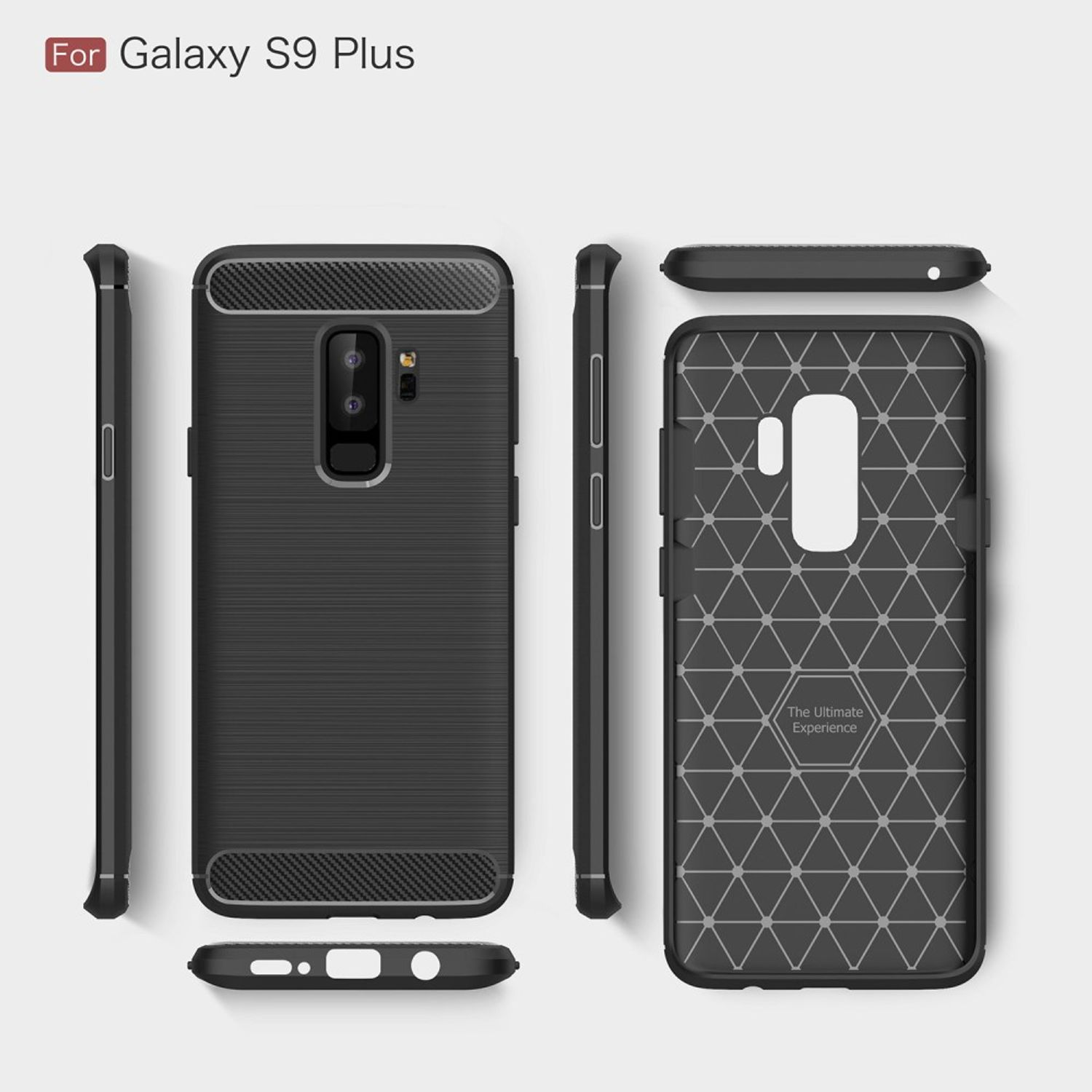 Schwarze Handyhülle aus mehreren Winkeln. Weißer Hintergrund. Text: Für Galaxy S9 Plus.