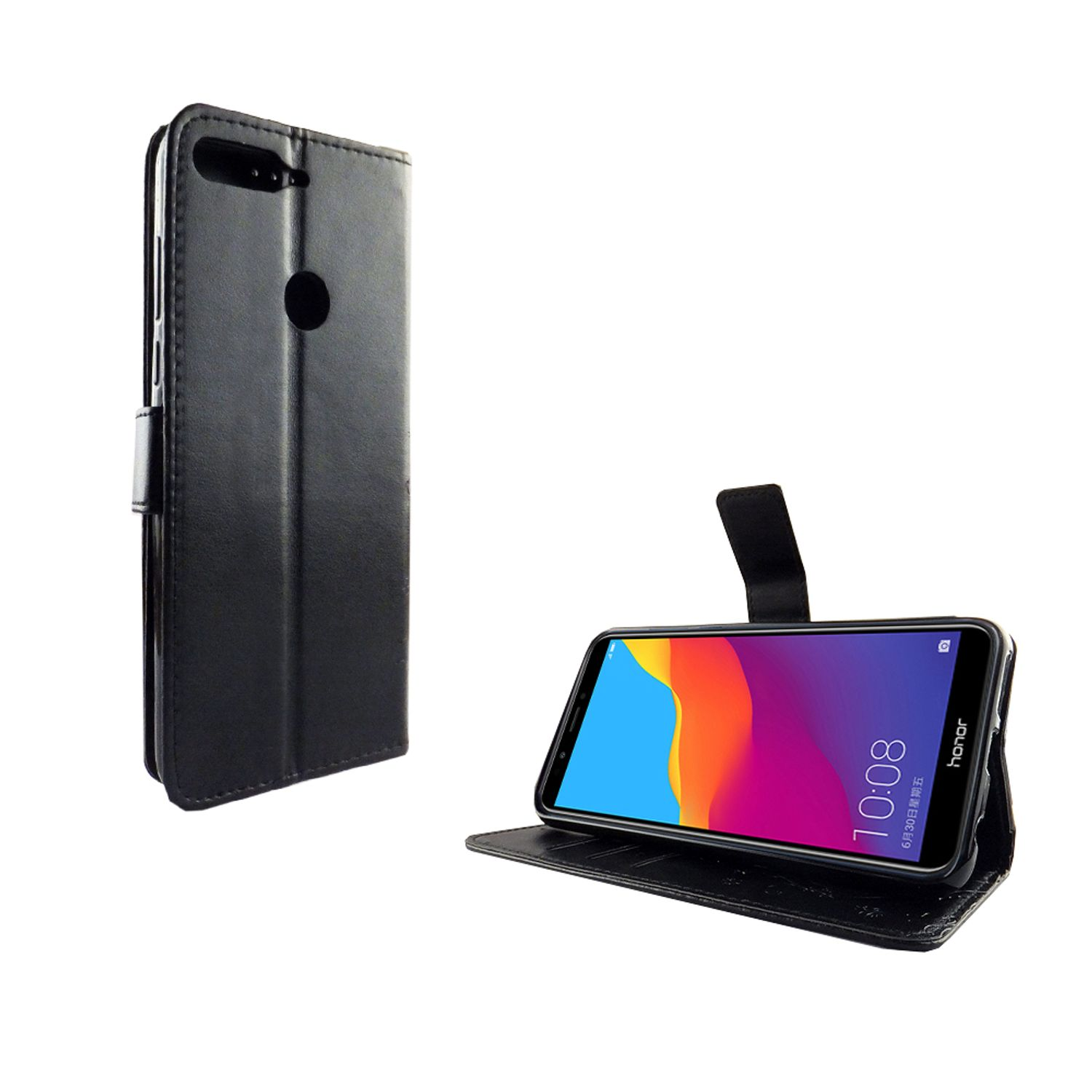 Schwarzes Telefon in einer schwarzen Leder-Handyhülle. Der Bildschirm zeigt die Uhrzeit. Weißer Hintergrund.