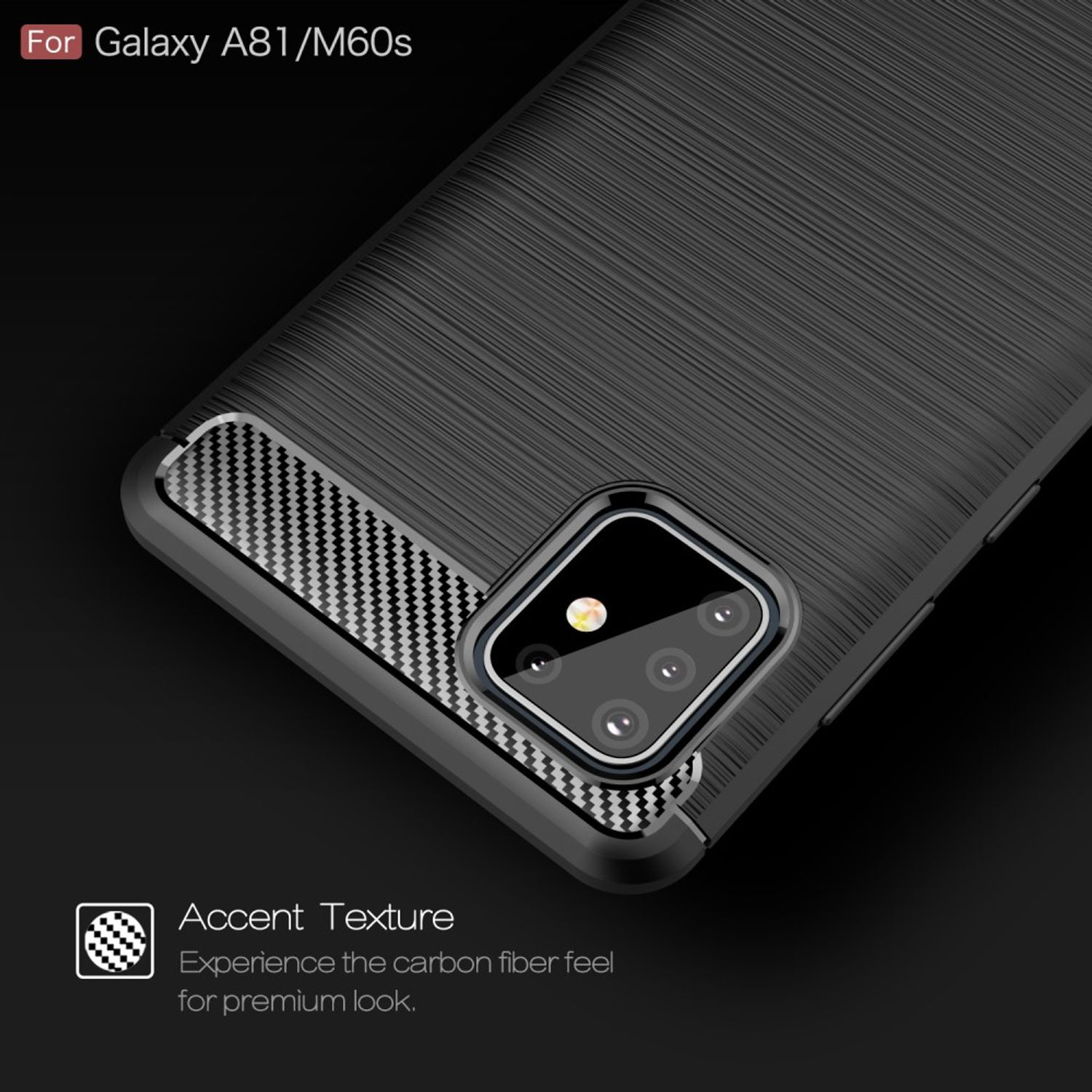 Schwarze Handyhülle für Galaxy A81/M60s. Mit Kameraaussparung und strukturiertem Design.