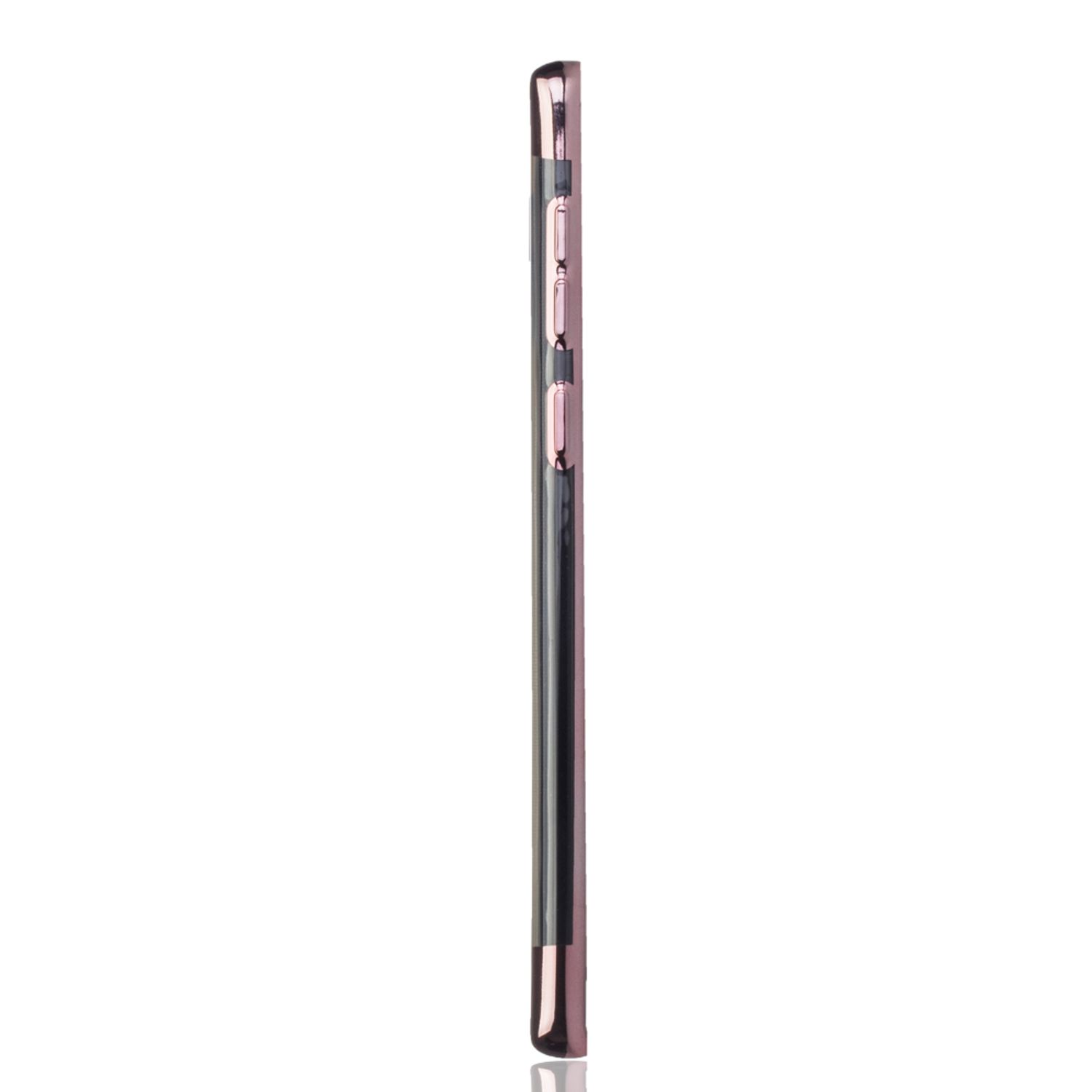 Seitenansicht eines Telefons. Es ist metallisch rosa mit Knöpfen an der Seite. Weißer Hintergrund.