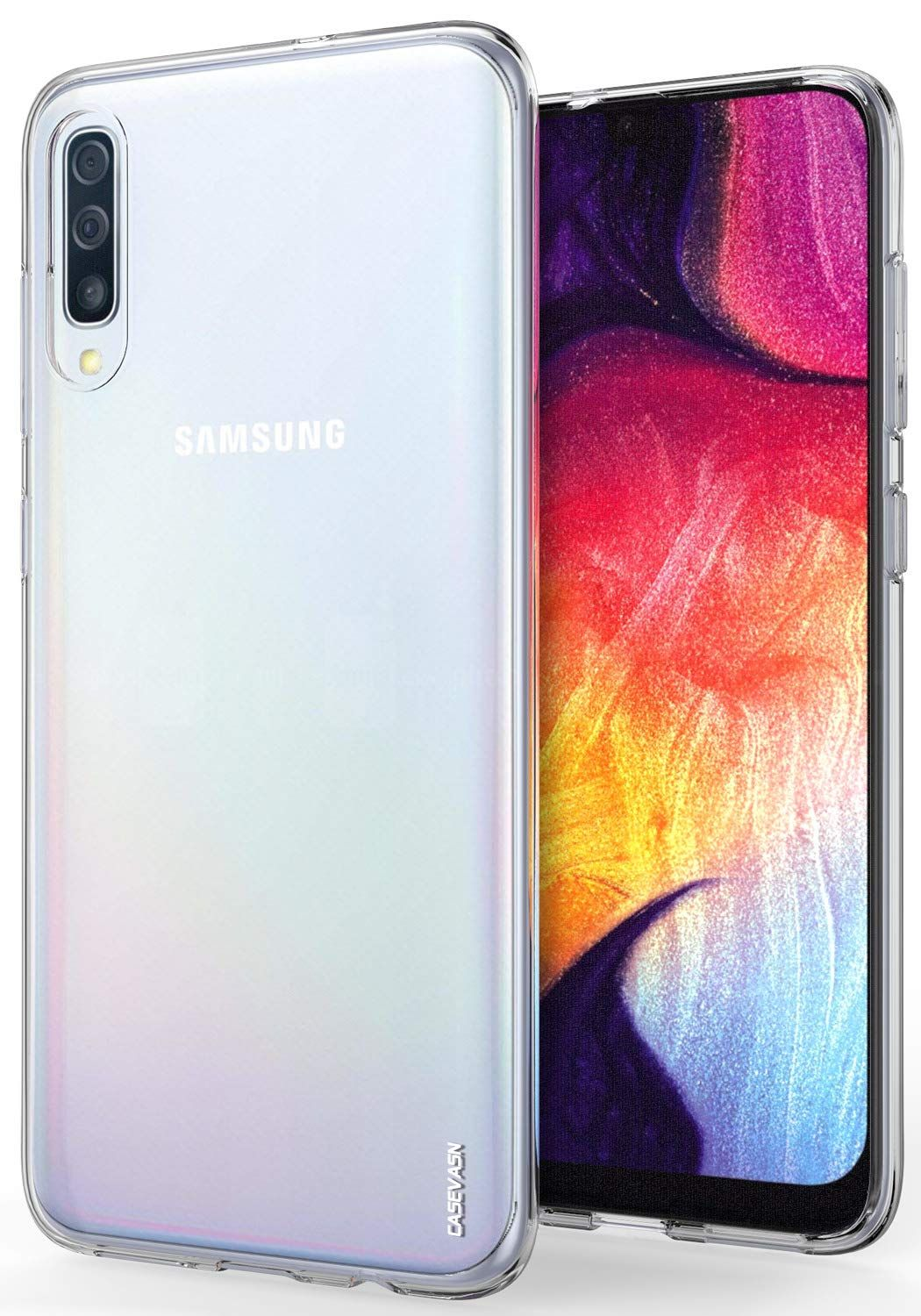 Transparente Handyhülle, Samsung-Handy, mit transparenter Hülle. Weißer Hintergrund.