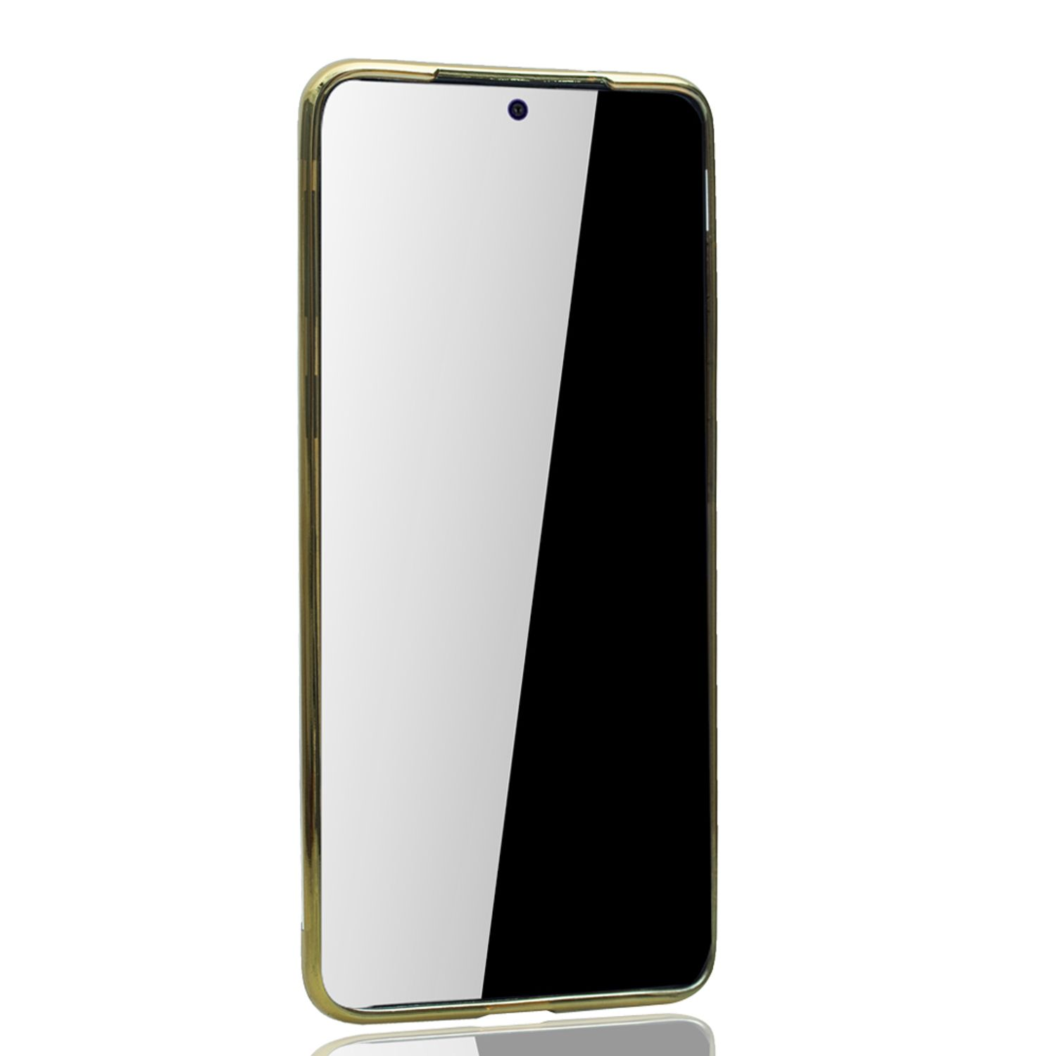 Handyhülle mit goldenen Rändern. Der Telefonbildschirm ist schwarz. Weißer Hintergrund. Nahaufnahme.