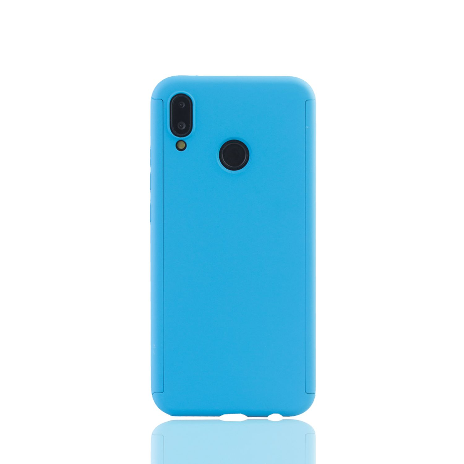 Eine hellblaue Handyhülle mit einer Kamera und einem schwarzen Knopf.