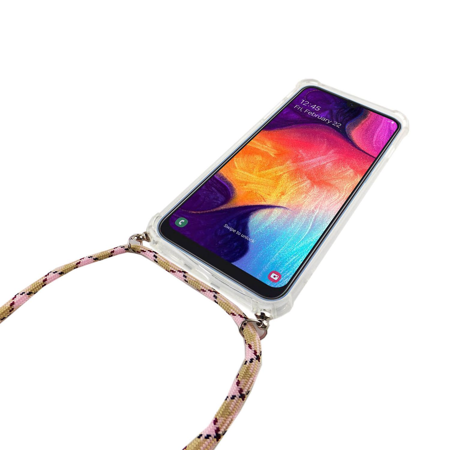 Telefon mit pinkfarbenem Riemen. Telefon zeigt Bildschirm. Weißer Hintergrund.