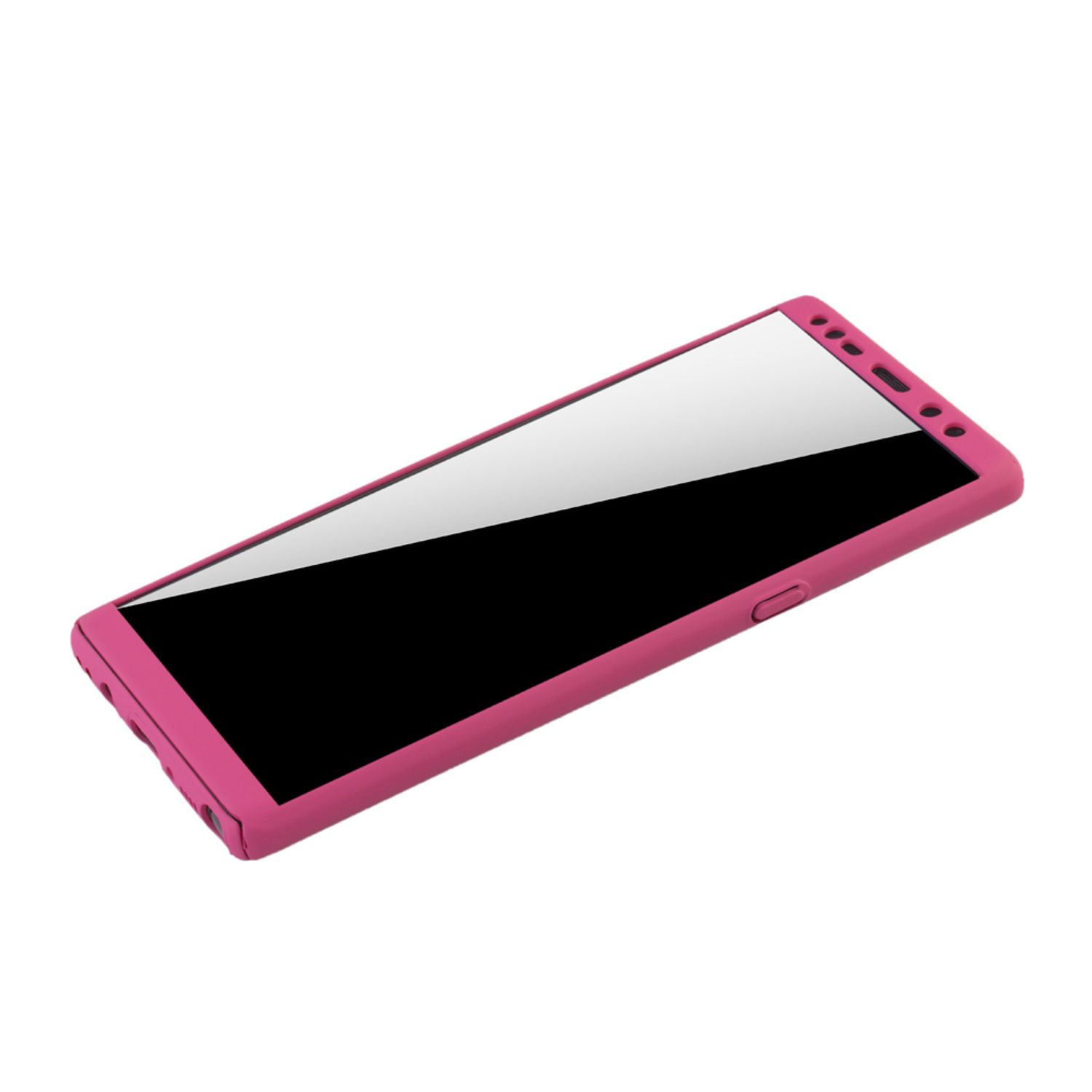 Ein rosa Telefon in rosa Hülle. Der Bildschirm ist schwarz und spiegelt.