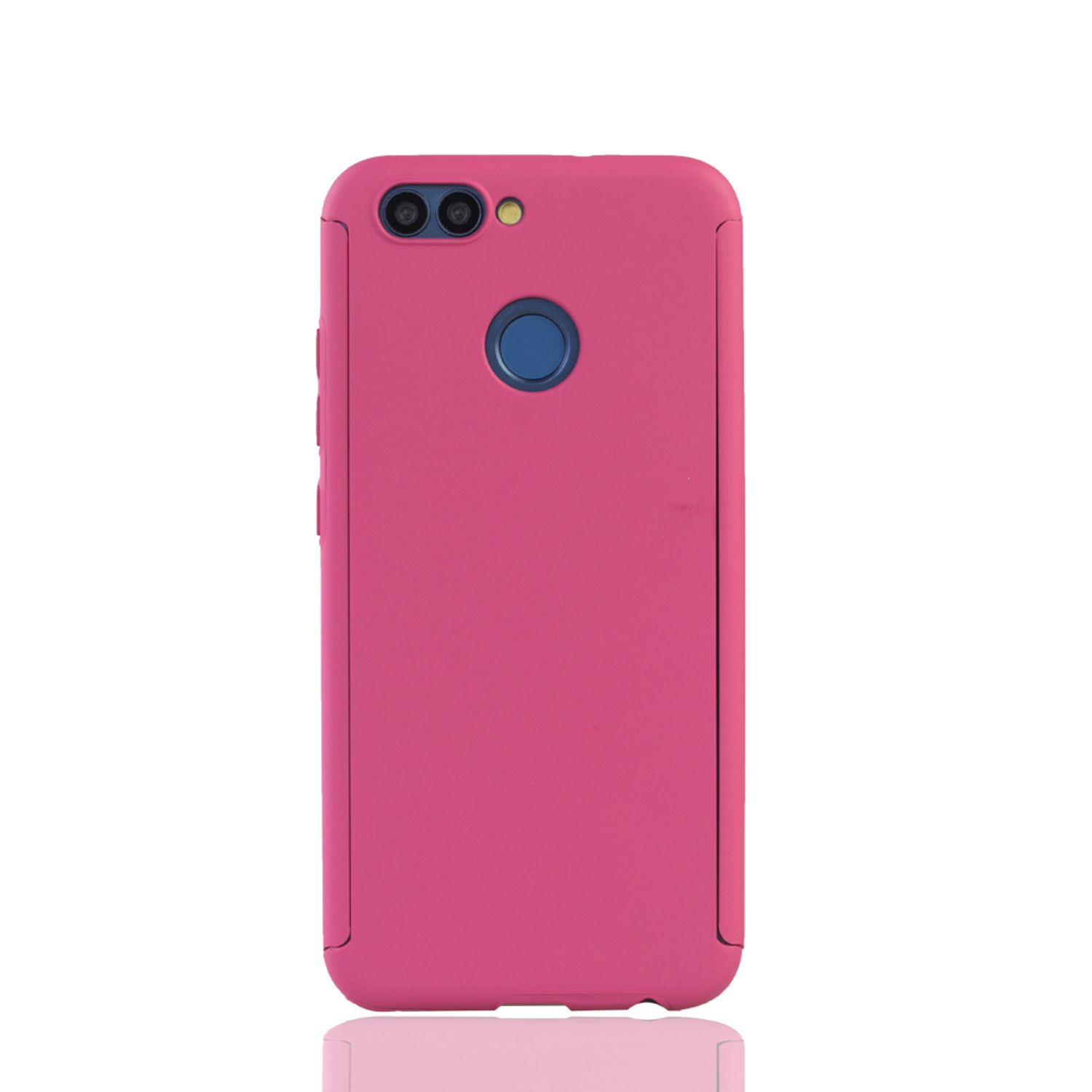Rosa Handyhülle mit einem rosa Telefon darin. Das Telefon hat zwei Kameras und einen blauen Kreis.