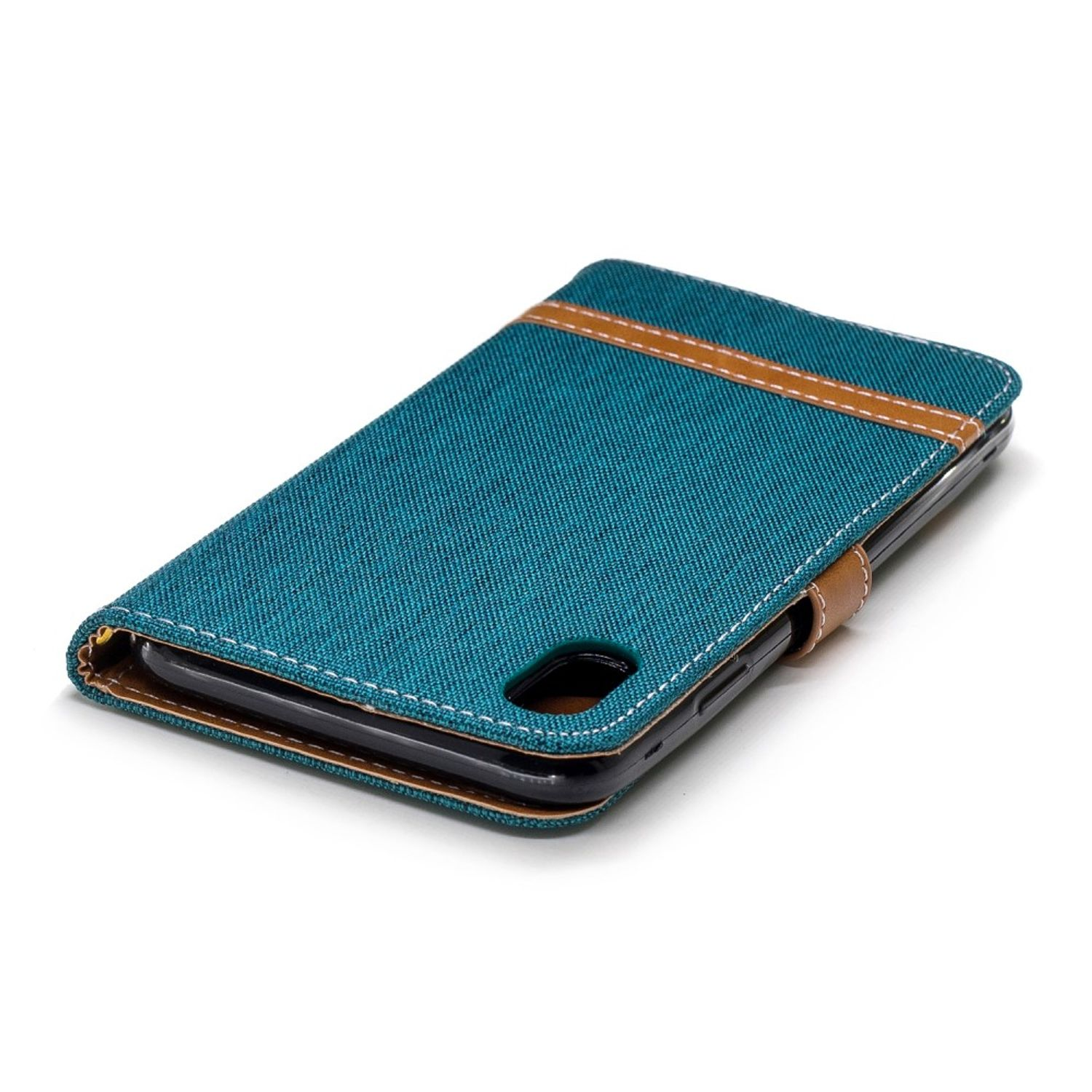 Türkisfarbenes Handycase, braune Akzente. Telefon drin. Weißer Hintergrund.