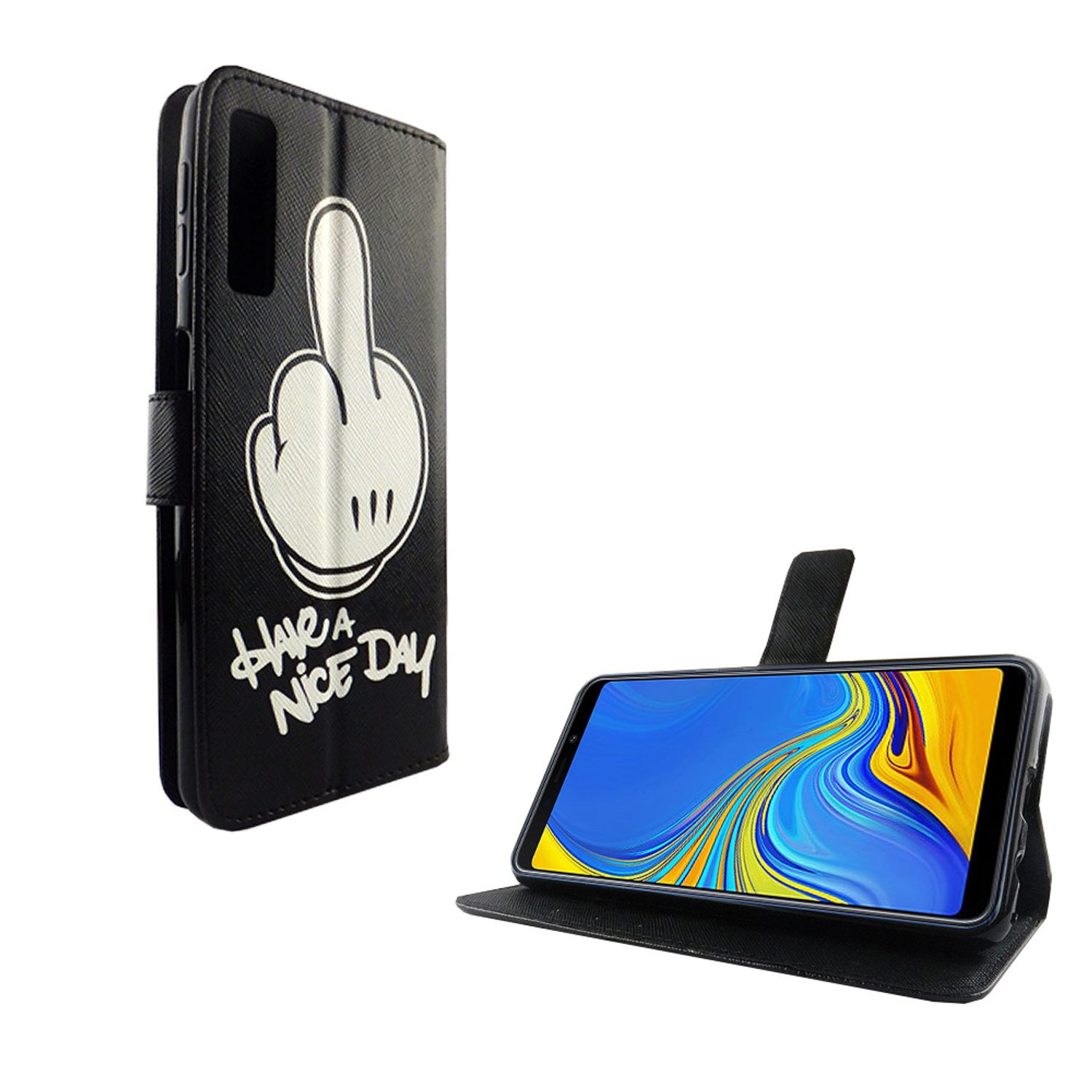 Schwarze Handyhülle mit Mittelfinger-Design und dem Text "Have a nice day".