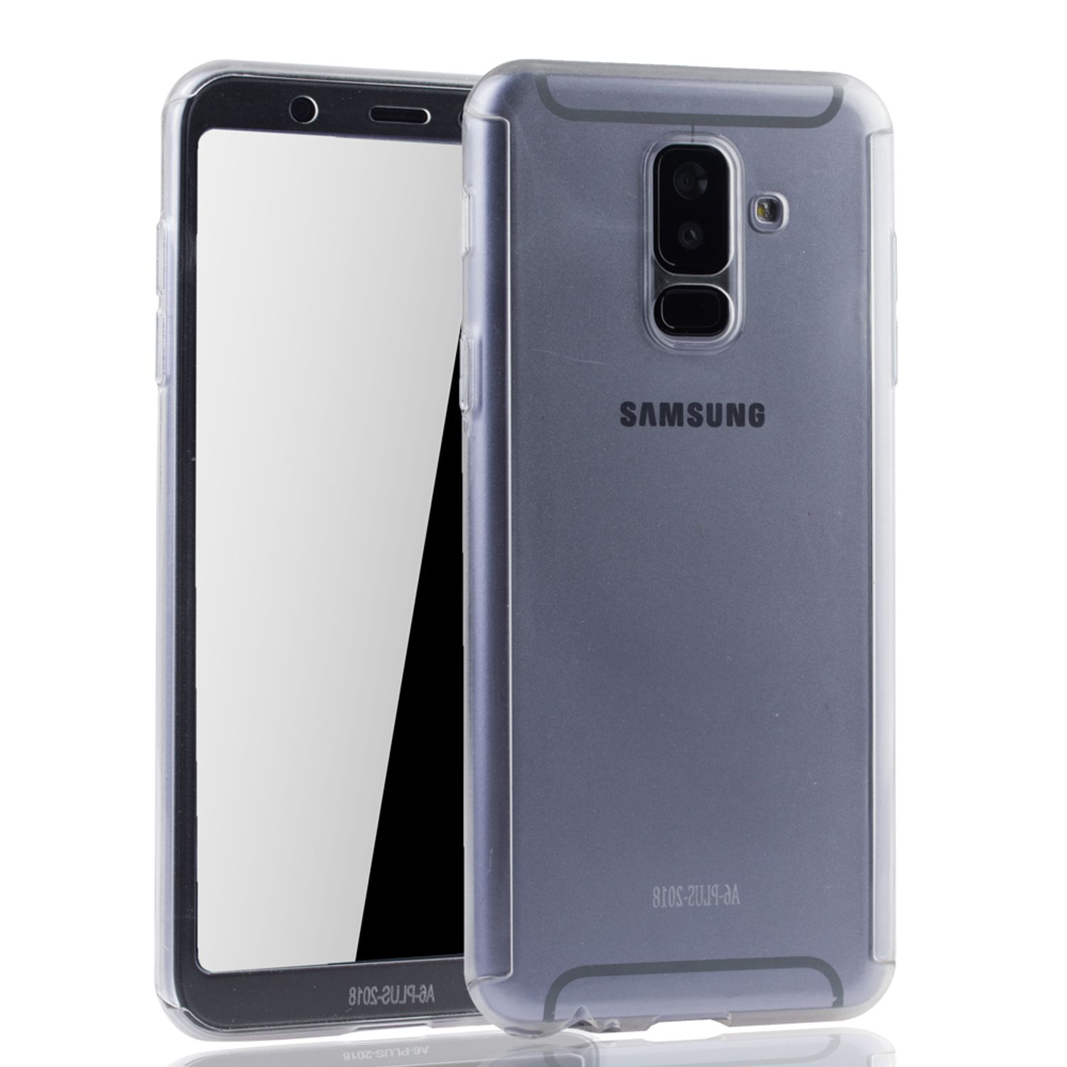 Transparente Handyhülle mit einem Telefon darin. Weißer Hintergrund.